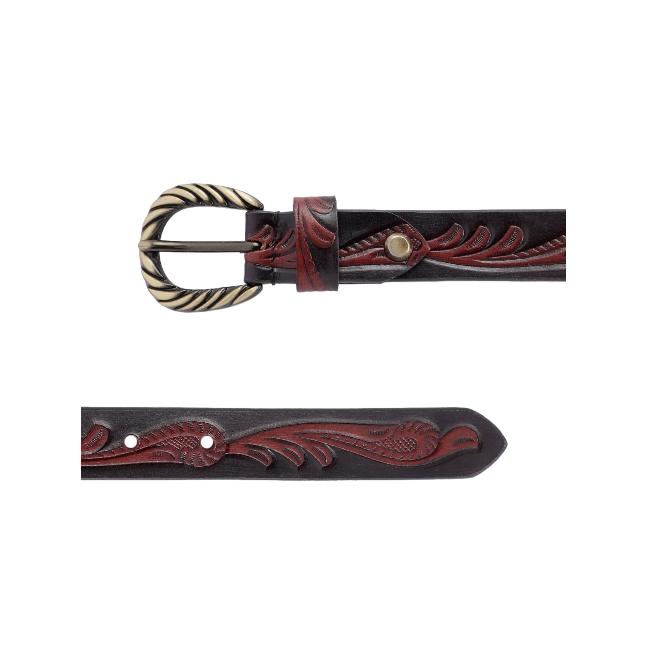 Premium Genuine Leather Black Red Embossed Western Waistbelt Twisted Brass Buckle