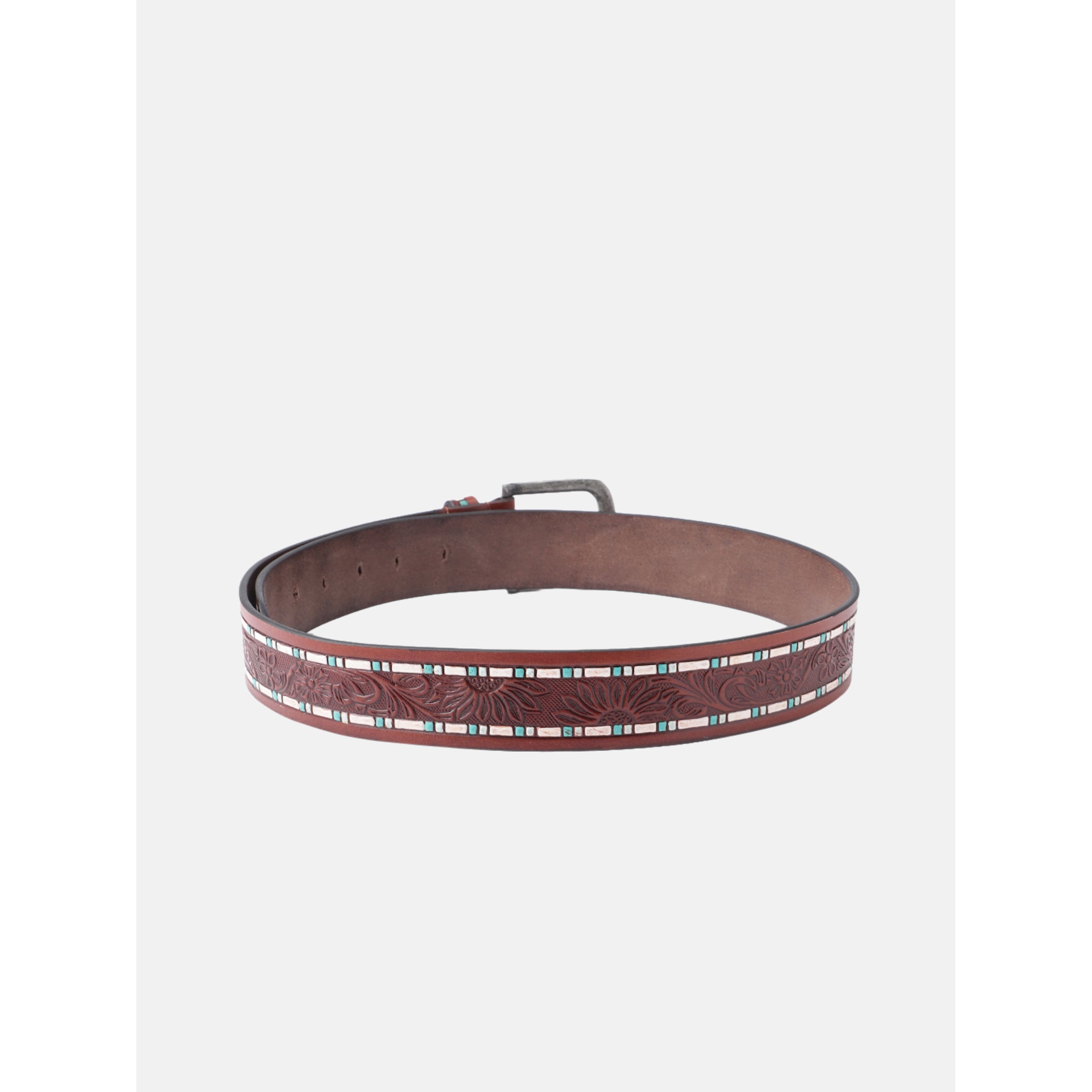 Premium Handcrafted Floral Tooled Leather Belt With Turquoise Inlay And Vintage Buckle