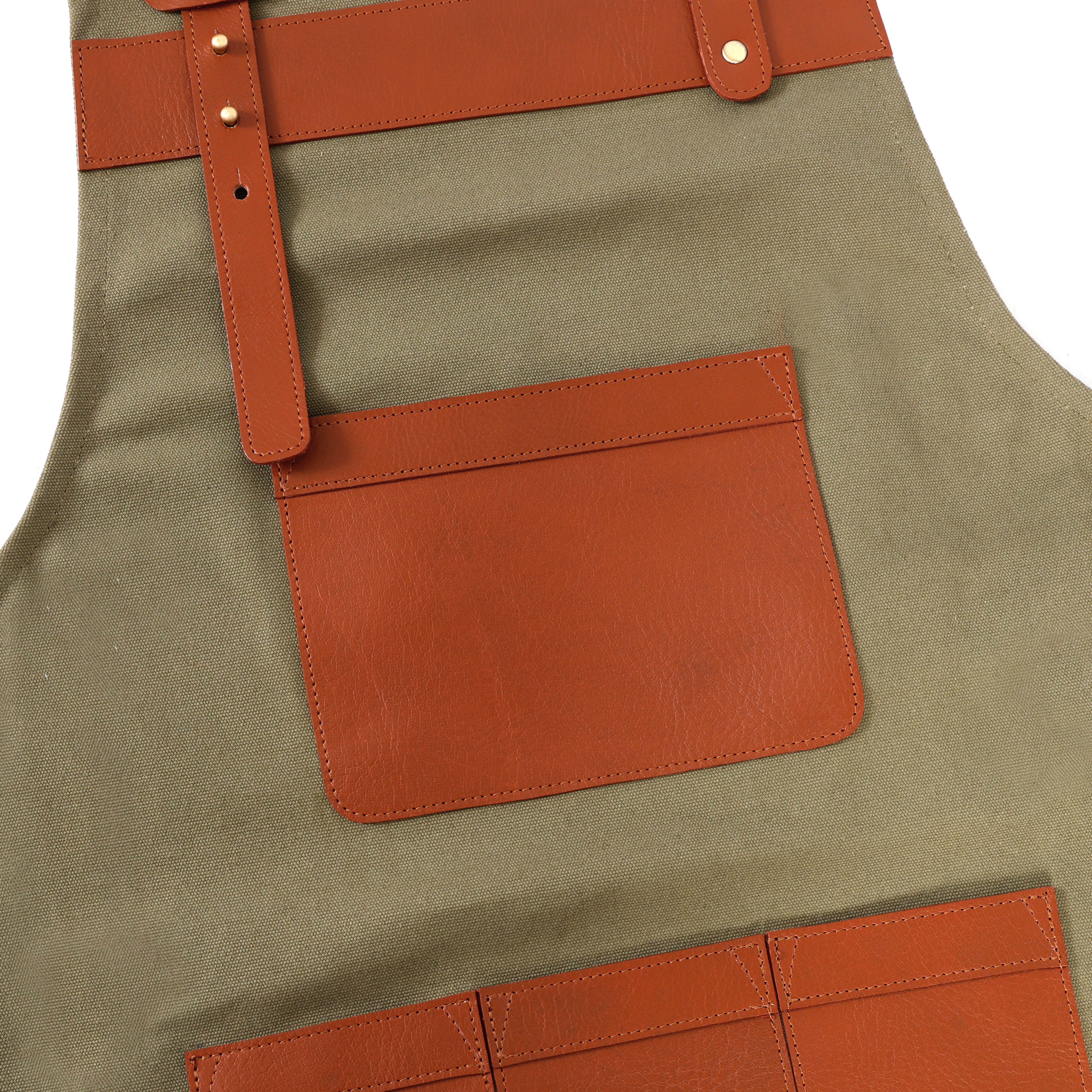 Premium Genuine Leather & Canvas Bib Apron – Tan & Green With Multiple Pocket