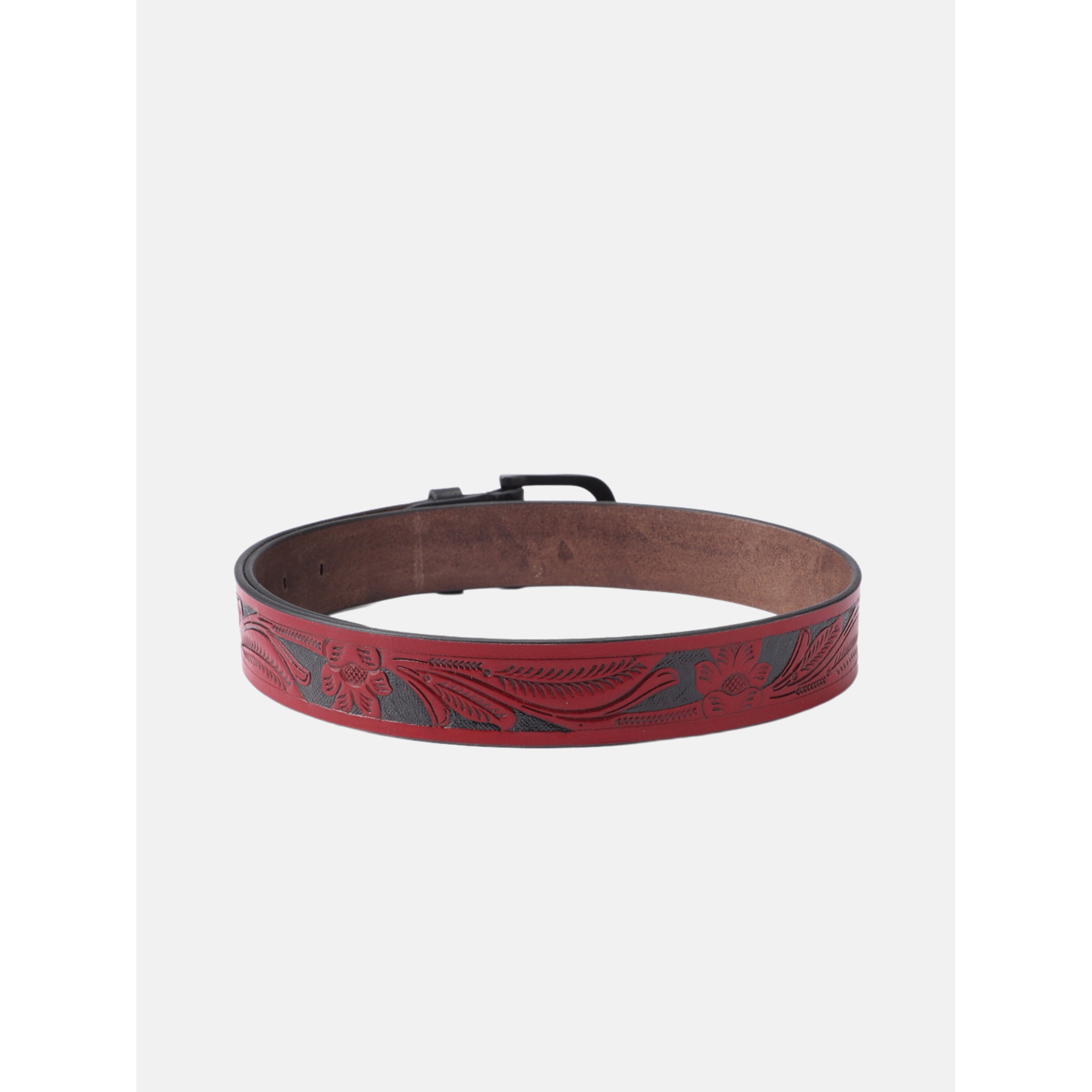 Unisex Genuine Leather Red Floral Embossed Western Casual Waistbelt Matte Black Buckle