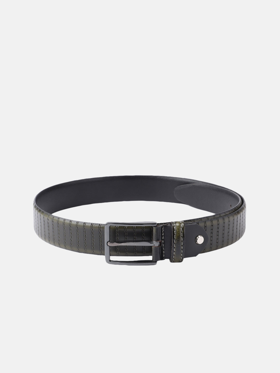 Men Olive Textured Leather Belt With Vertical Stripe Pattern And Classic Metal Buckle