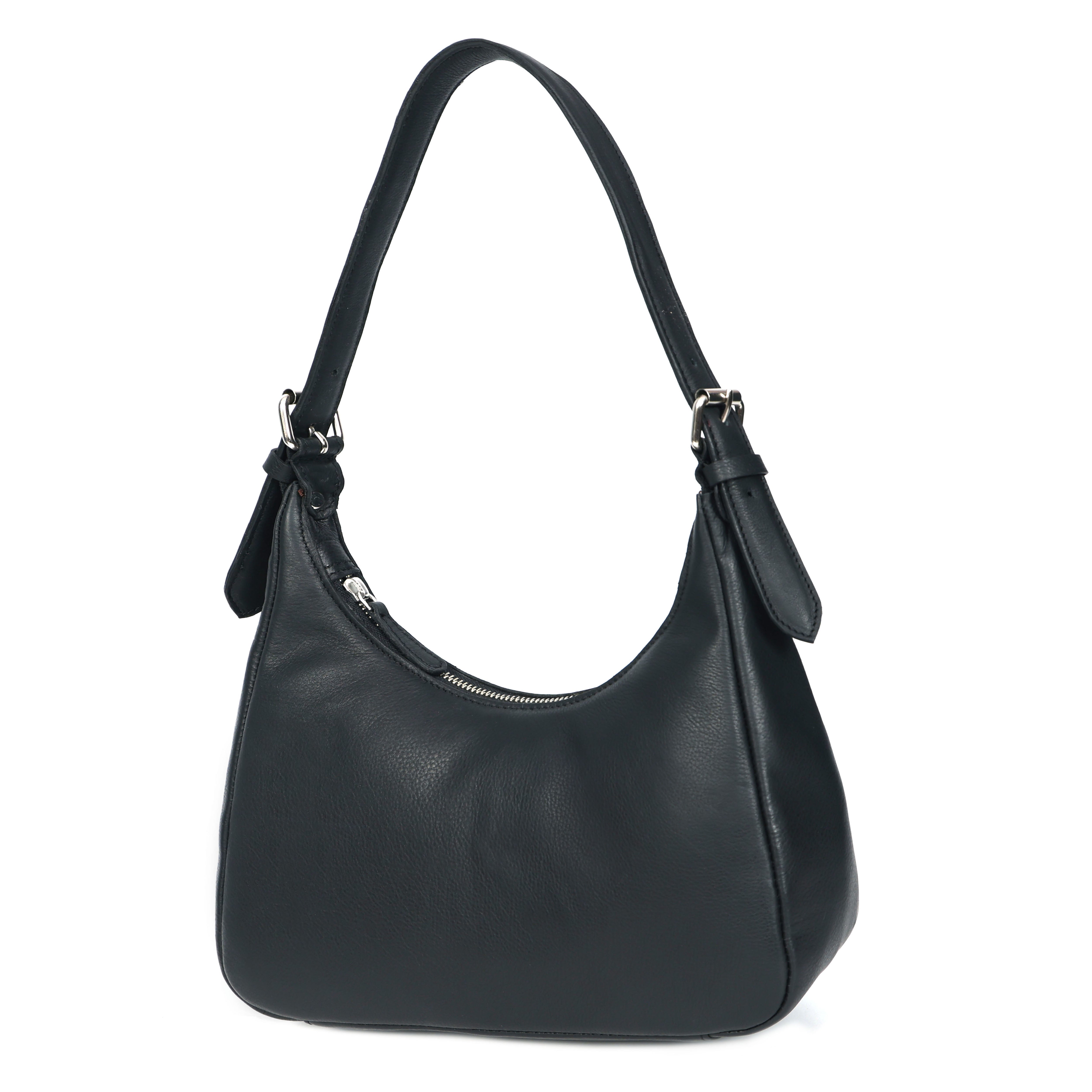 Premium Black Leather Shoulder Bag with Adjustable Strap & Secure Zip Pockets