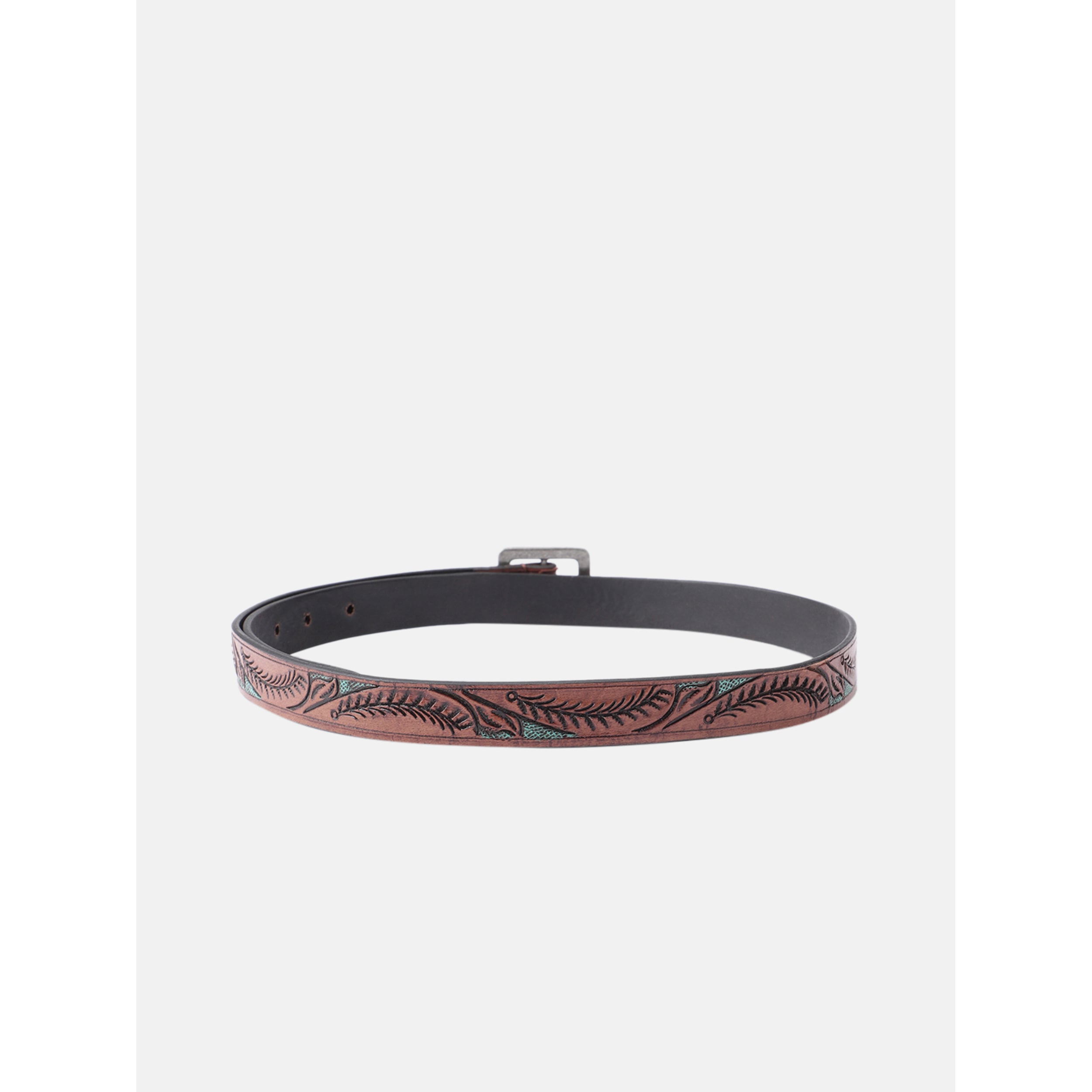 Premium Genuine Leather Brown Leaf Embossed Turquoise Inlay Western Waistbelt Square Buckle
