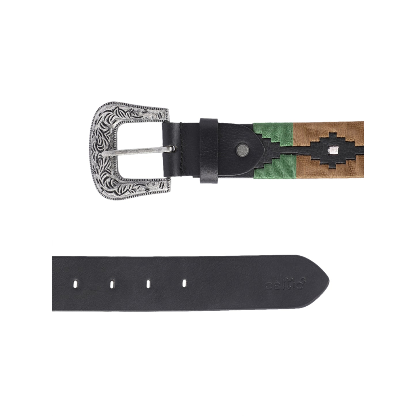 Unisex Handcrafted Leather Belt With Woven Aztec Pattern Antique Buckle For Men