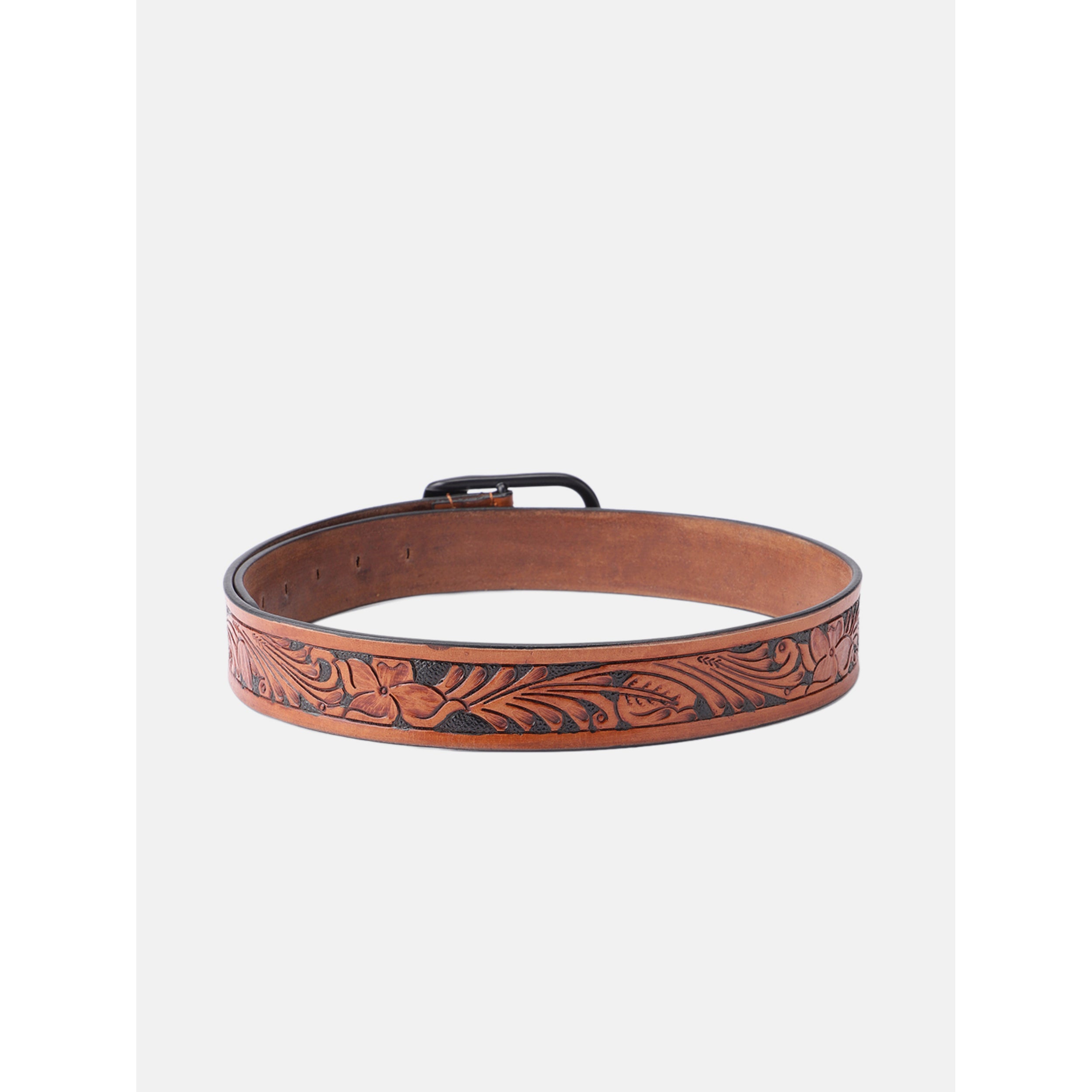 Unisex Genuine Leather Brown Floral Tooled Western Waistbelt Matte Black Buckle