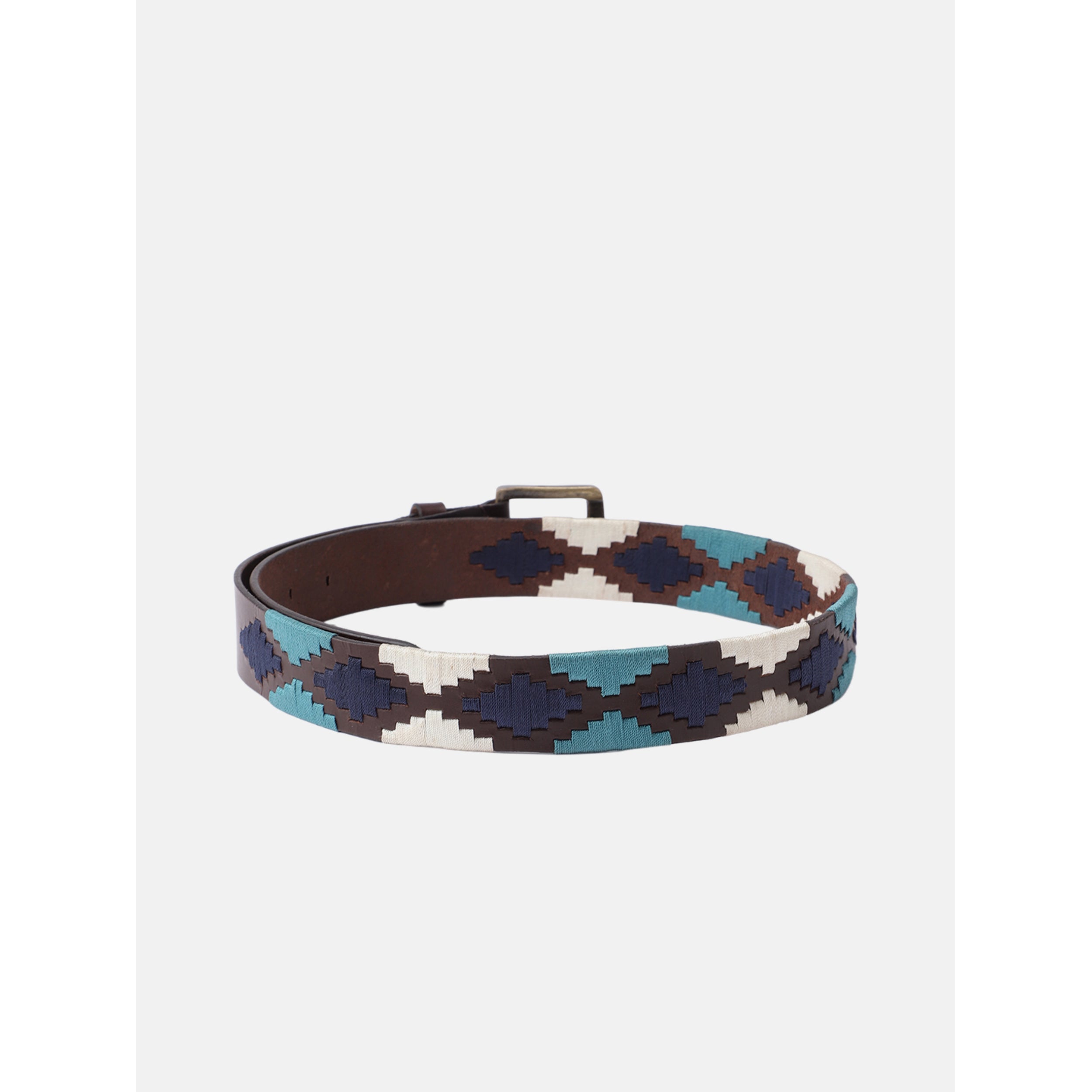 Unisex Handcrafted Woven Leather Belt With Geometric Pattern And Antique Buckle Design