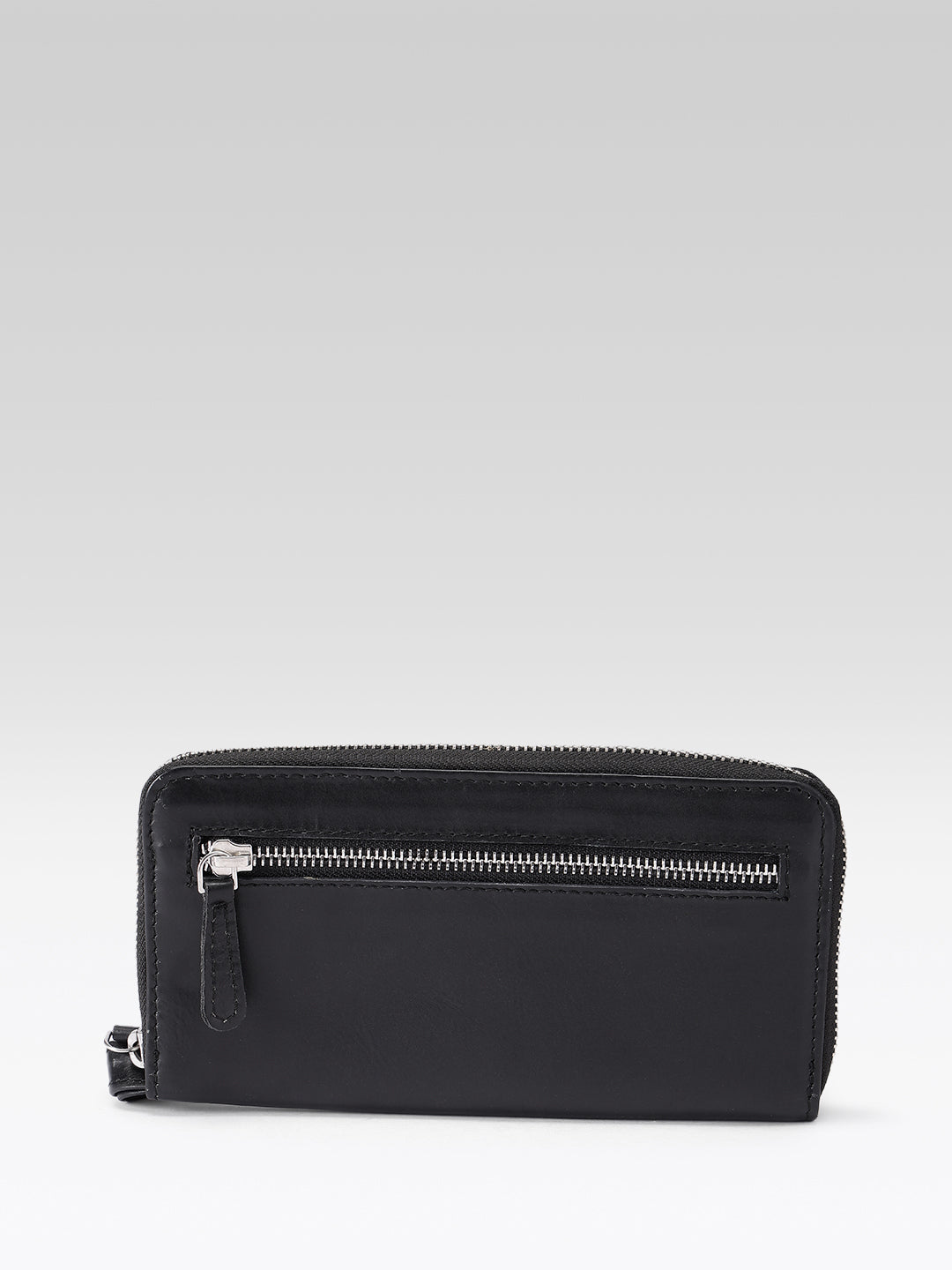 Premium Black Leather Zip-Around Wallet with Wrist Stra