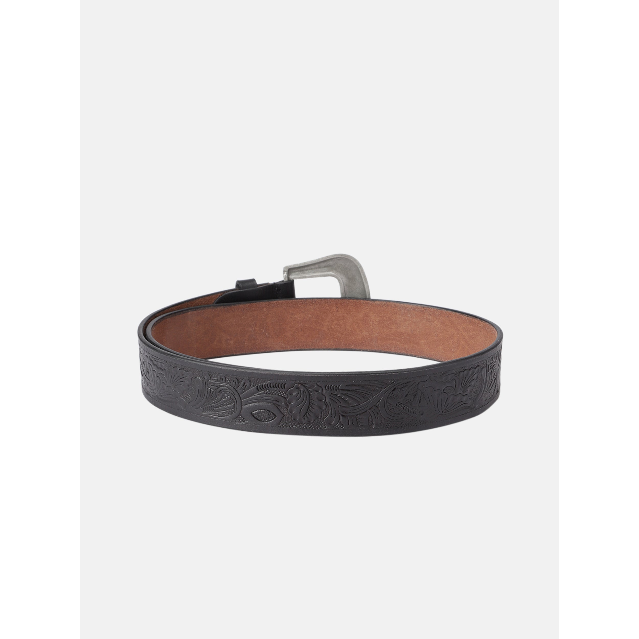 Unisex Genuine Leather Embossed Black Western Waist Accessory Silver Buckle