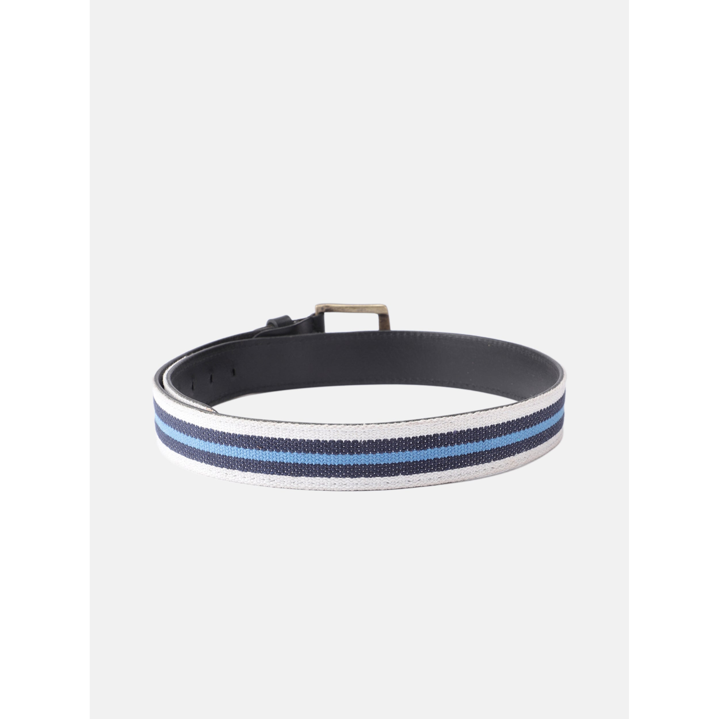 Unisex Genuine Leather Canvas Blue White Striped Waist Accessory Brass Buckle Casual