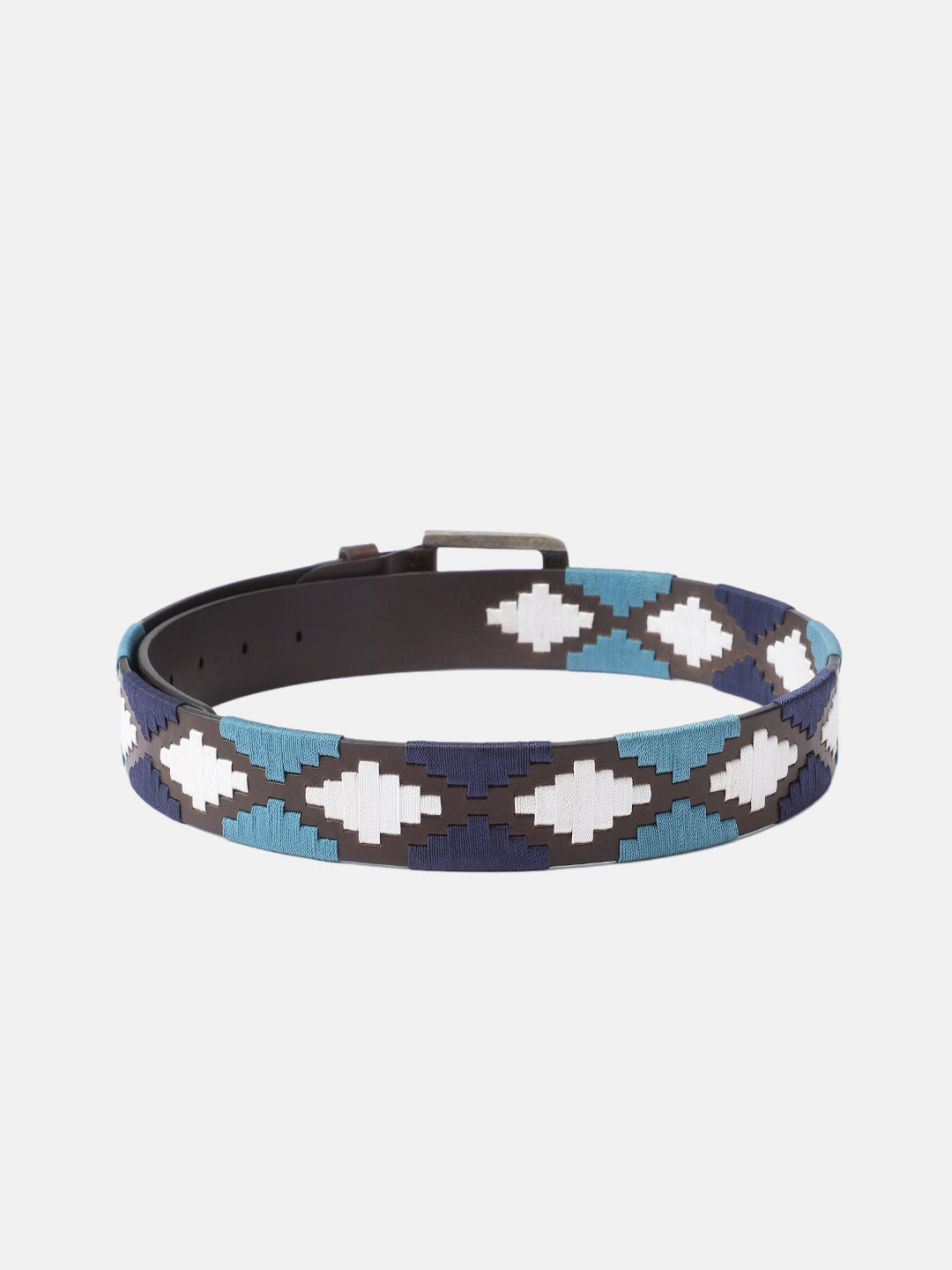 Premium Brown Leather Belt with Golden Buckle & Multi-Color Stitching.