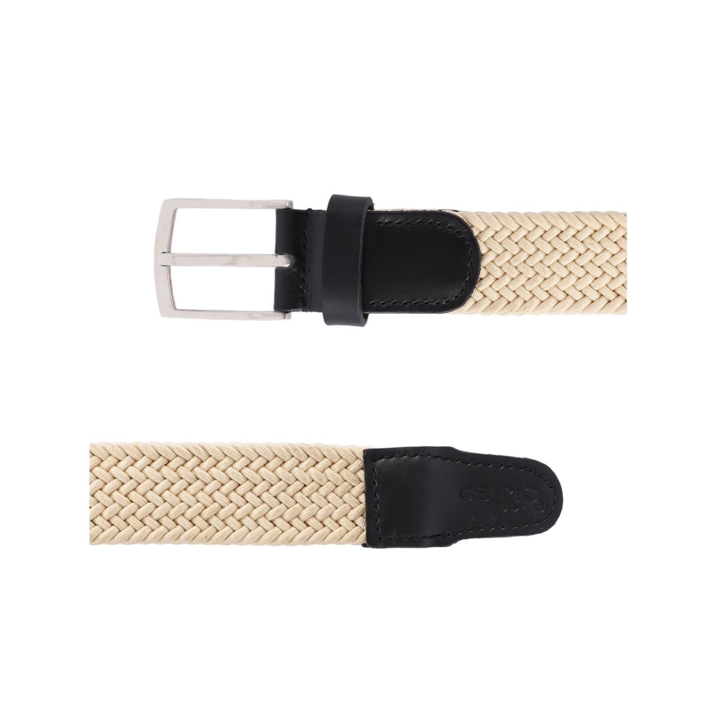 Unisex Woven Beige Belt With Black Leather Tip Silver Buckle Casual Formal Wear