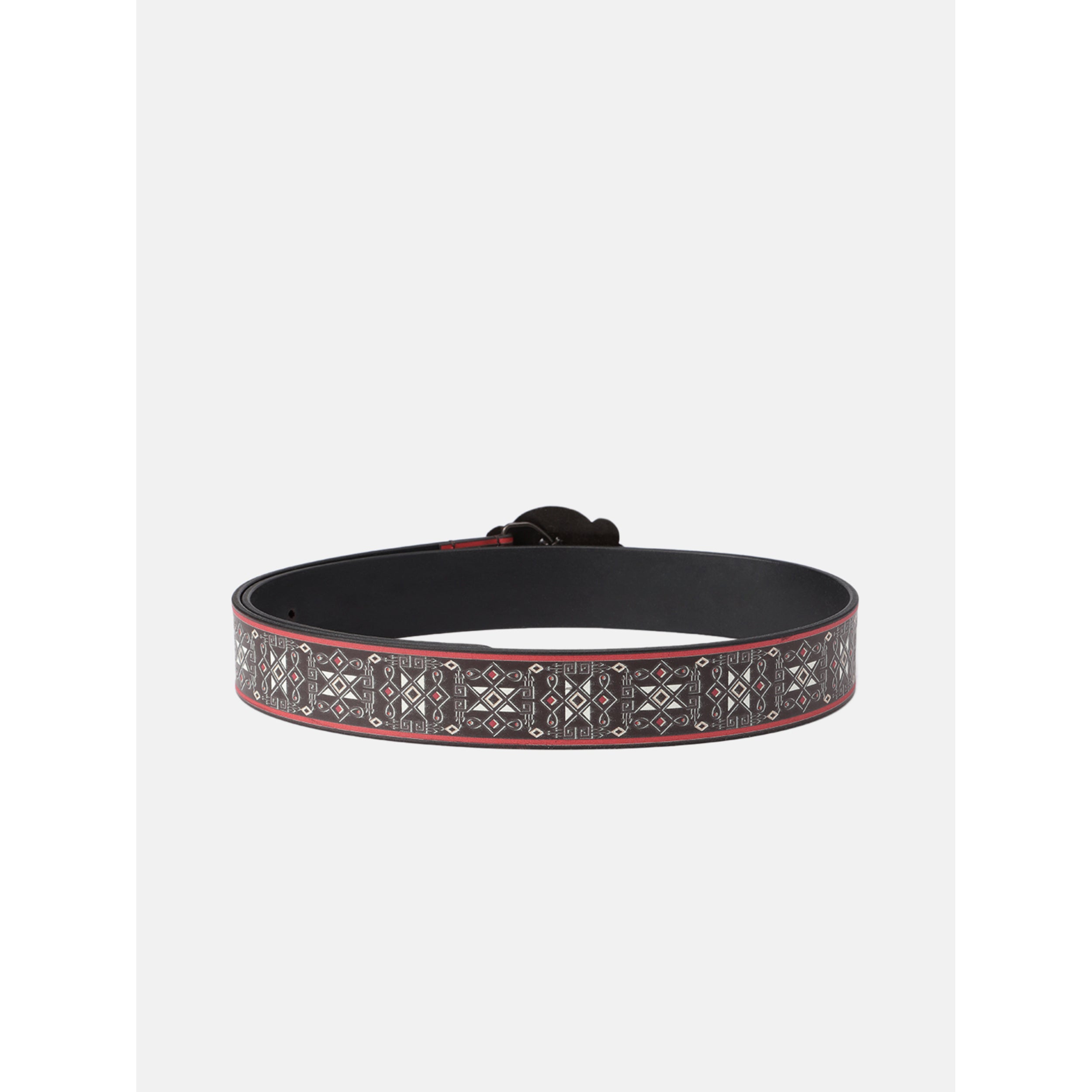 Unisex Genuine Leather Geometric Tribal Black Red Waist Belt Antique Buckle