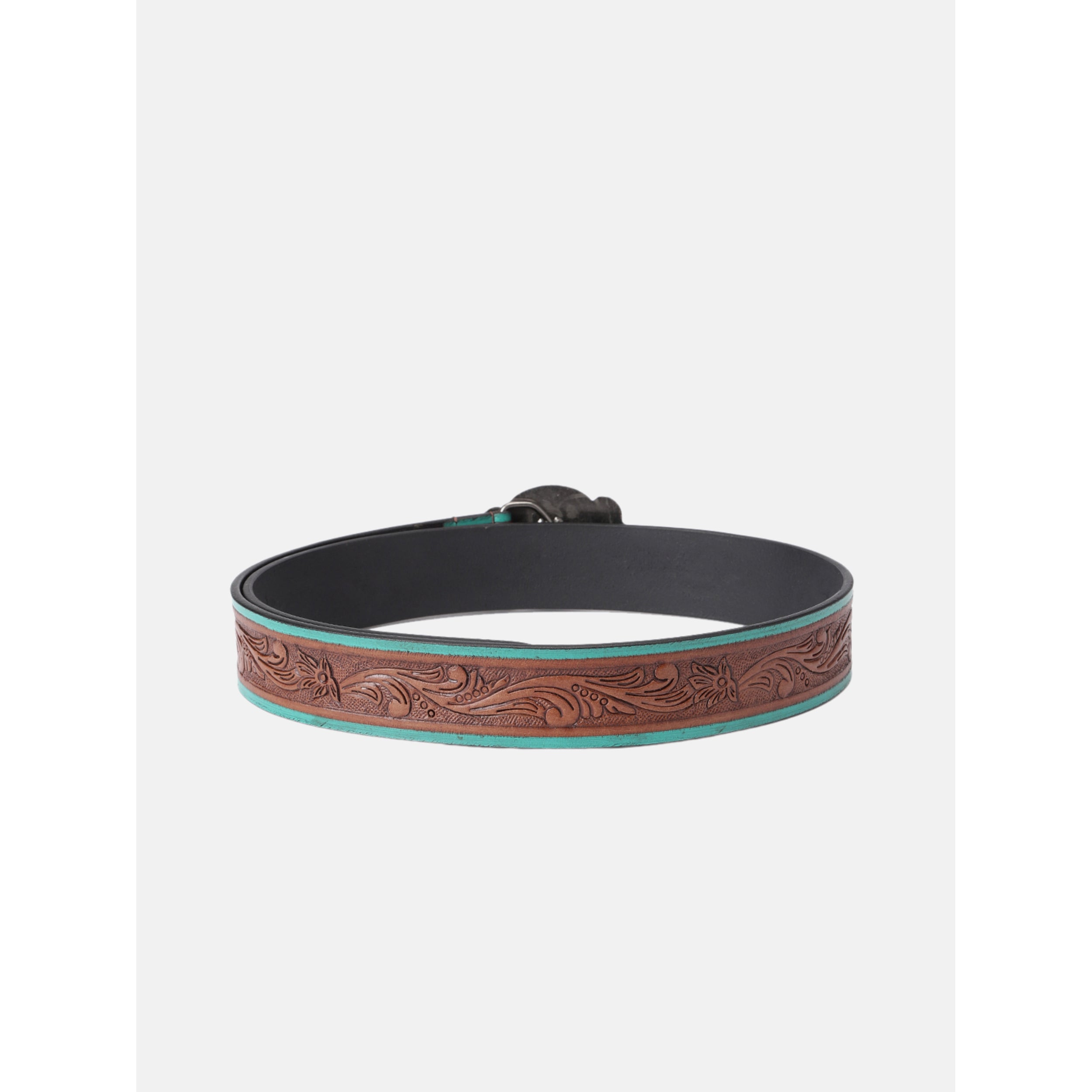 Premium Genuine Leather Embossed Floral Brown Teal Western Waist Accessory Antique Buckle
