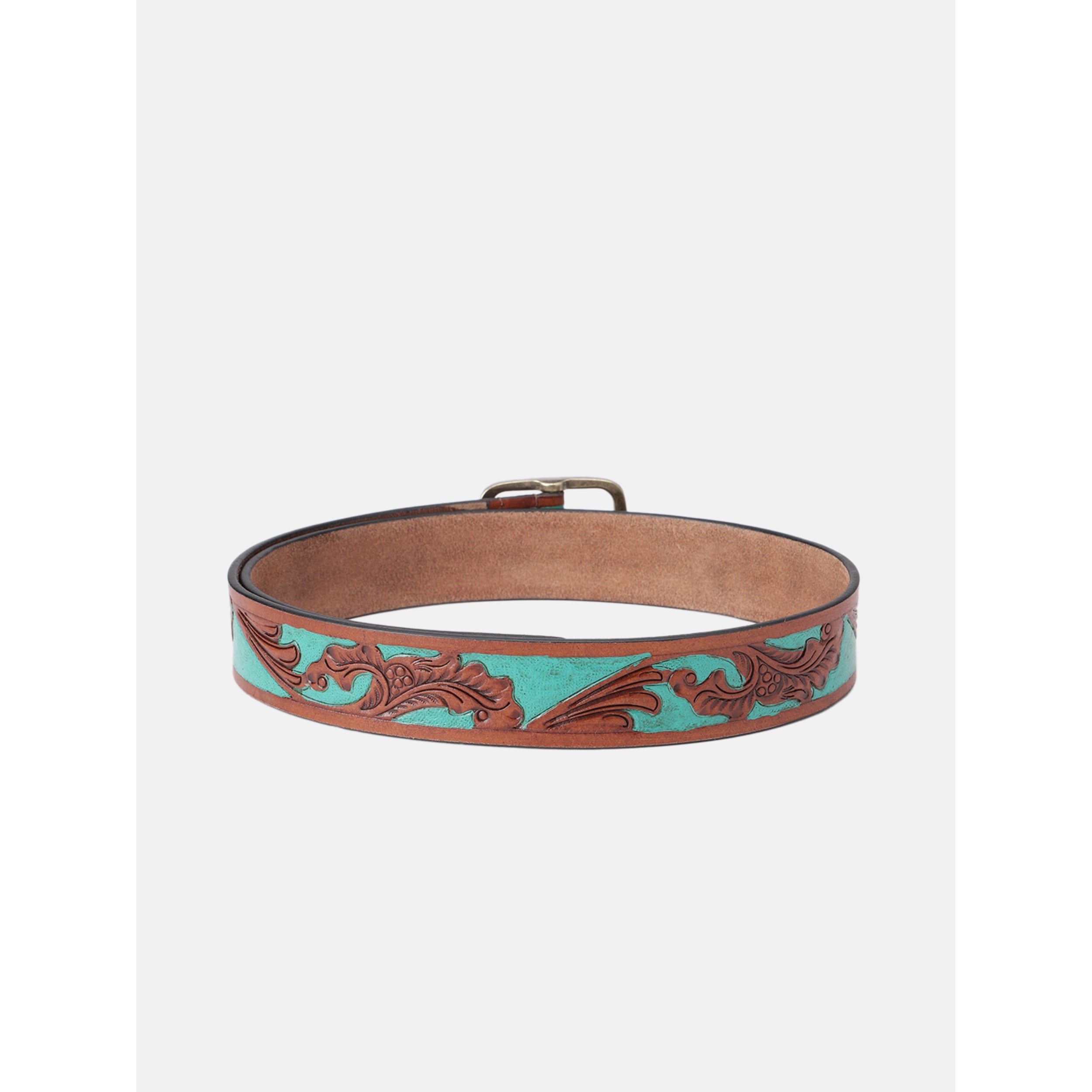 Genuine Leather Embossed Floral Brown Teal Waist Accessory Antique Metal Buckle