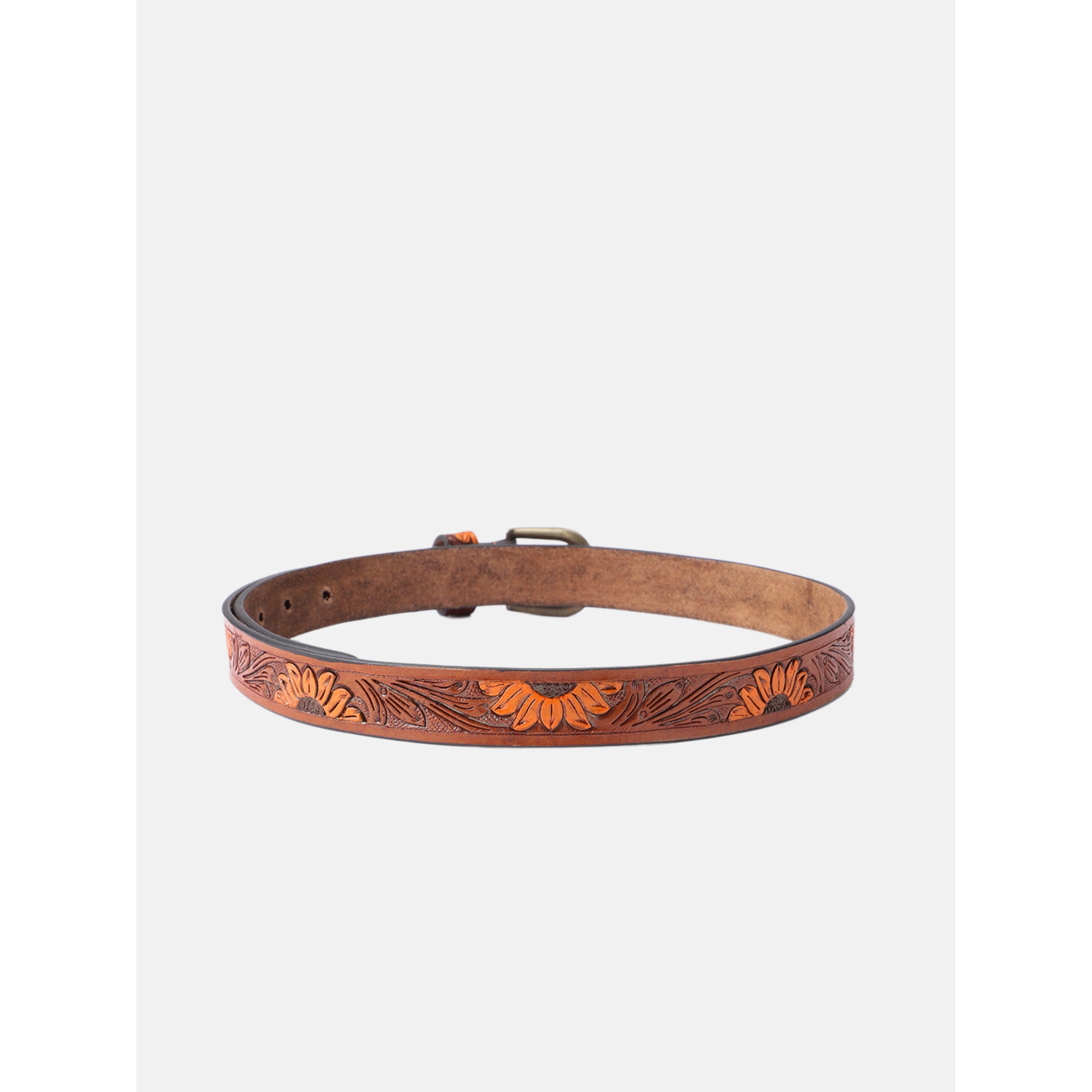 Genuine Leather Embossed Brown Orange Sunflower Western Waist Accessory Brass Buckle