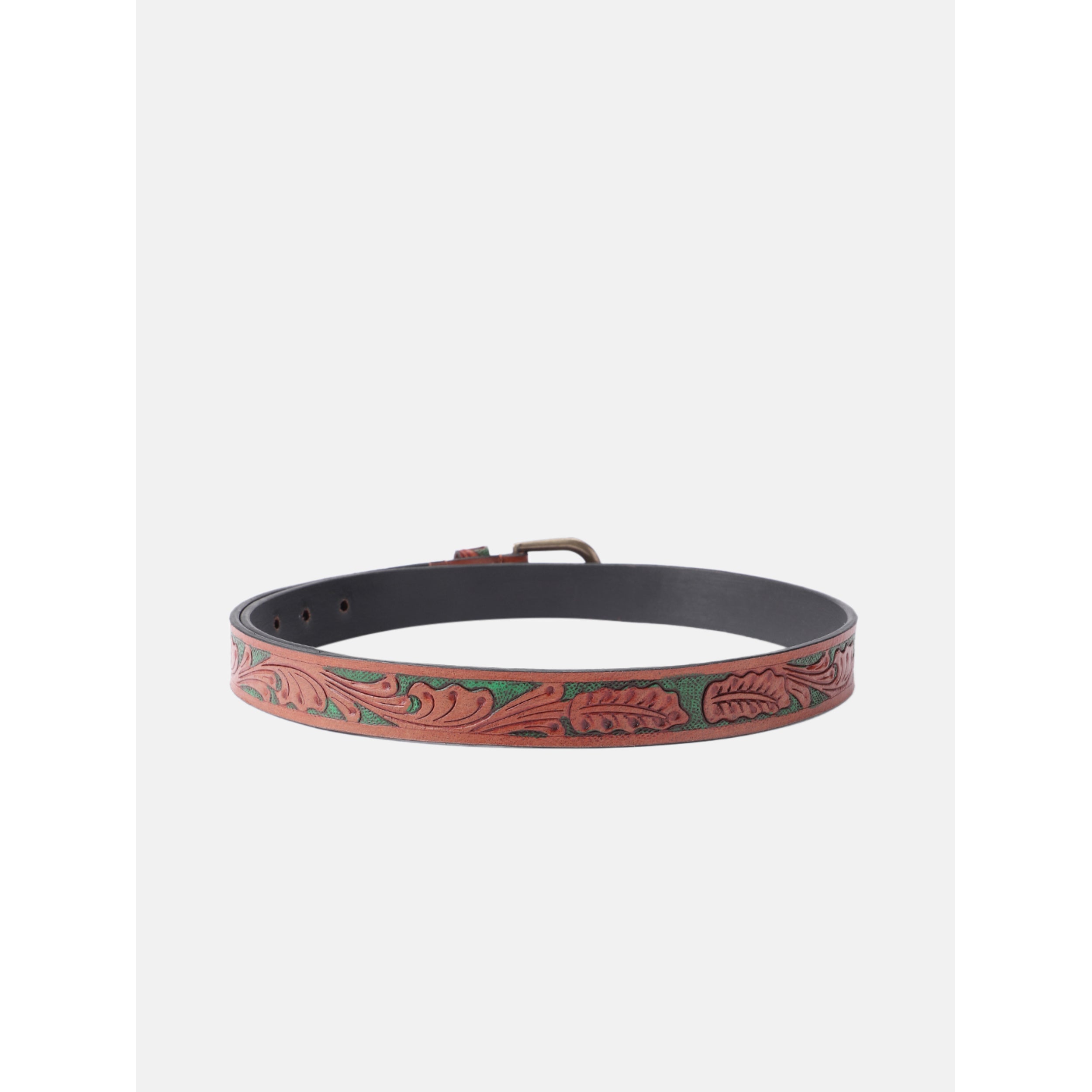 Woman Handcrafted Brown Leather Belt With Leaf Tooling And Polished Silver Buckle