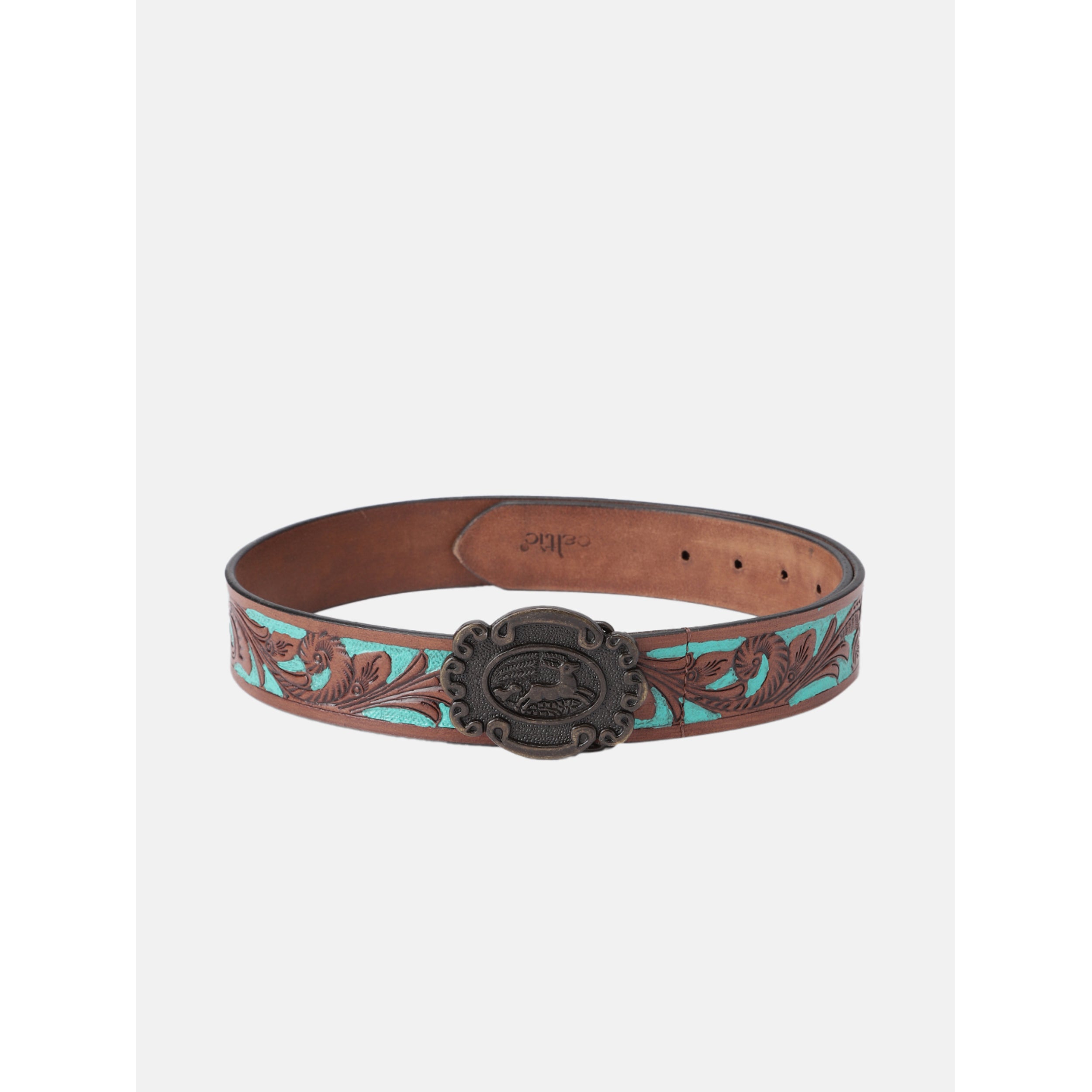 Genuine Leather Embossed Floral Brown Teal Western Waist Accessory Antique Buckle