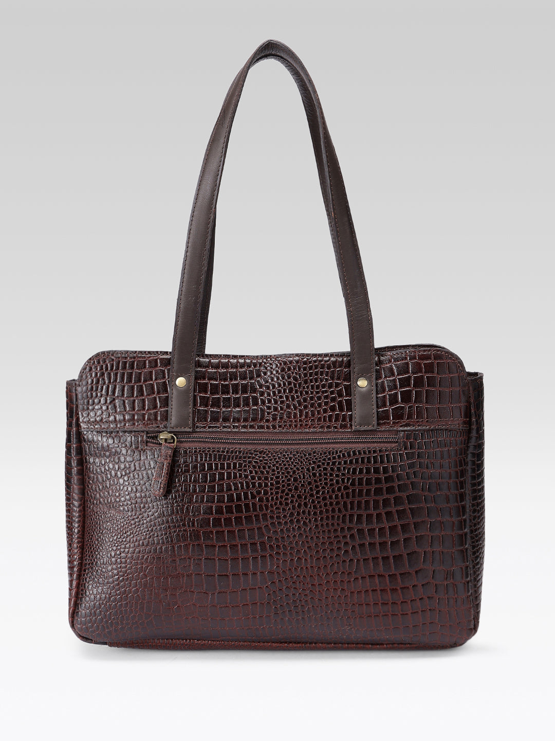 Premium Genuine Croc-Embossed Leather Tote Bag with Zip Compartments & Long Shoulder Straps