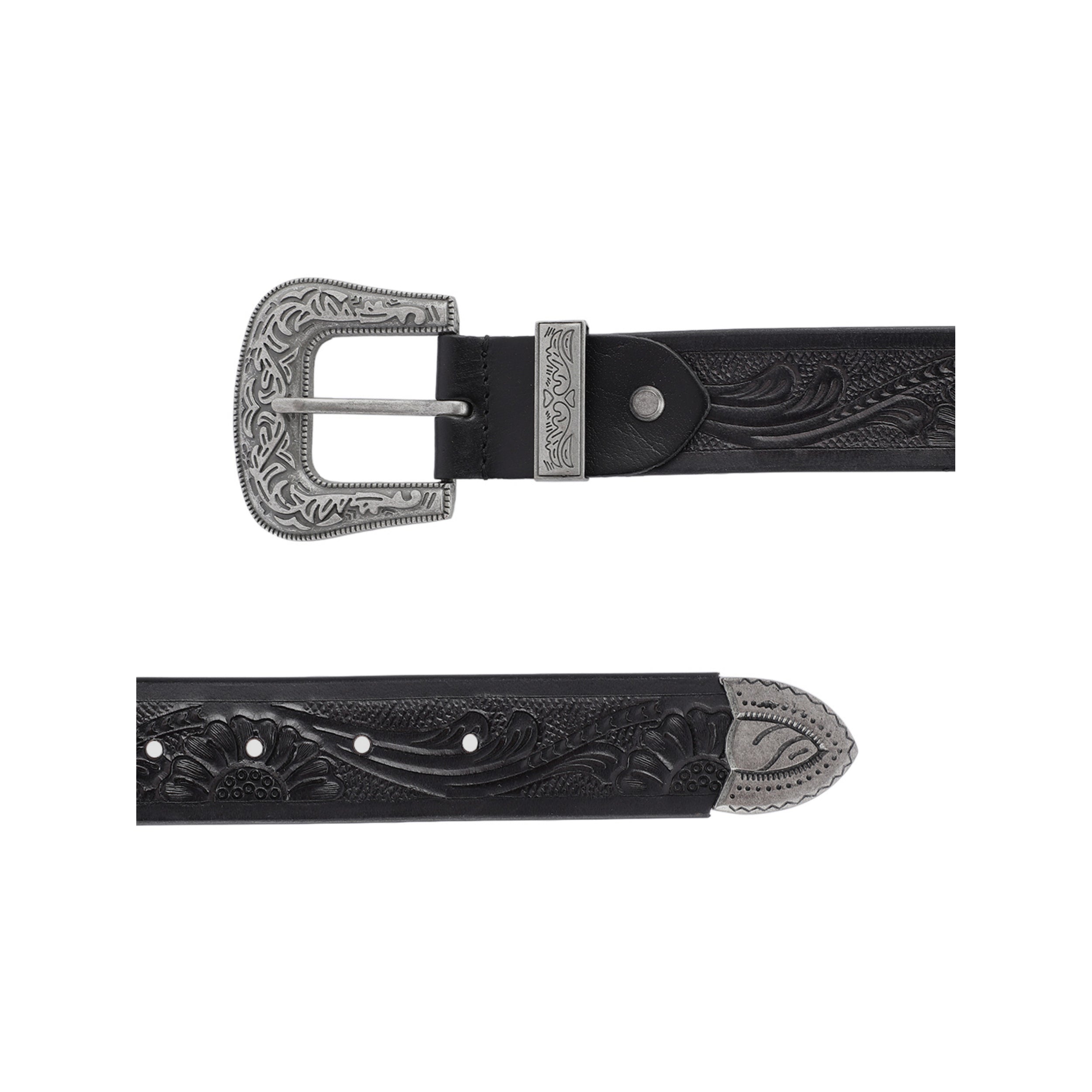 Genuine Leather Embossed Black Western Waist Accessory Ornate Buckle Tip