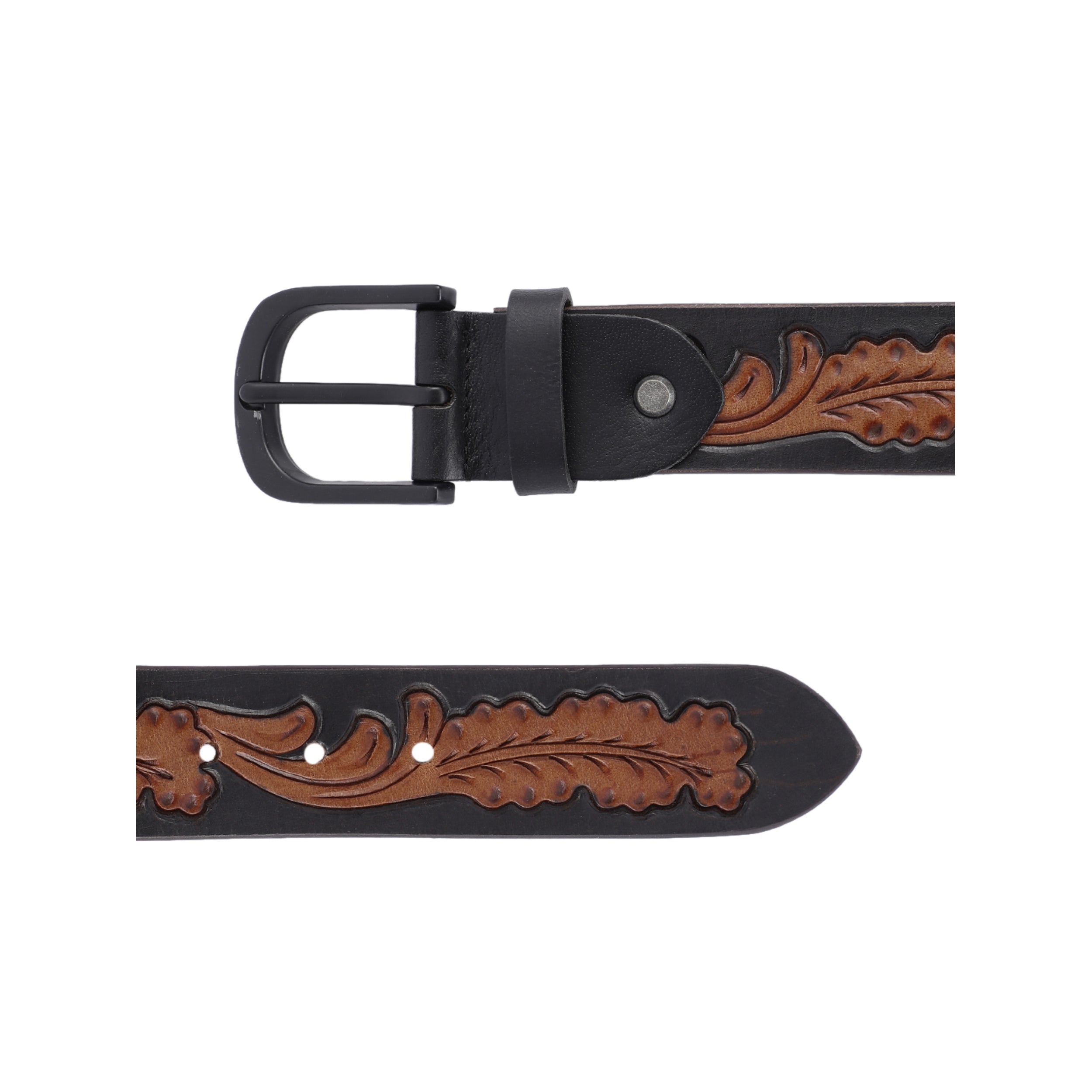 Premium Black Leather Belt Featuring Carved Brown Leaf Pattern With Matte Buckle
