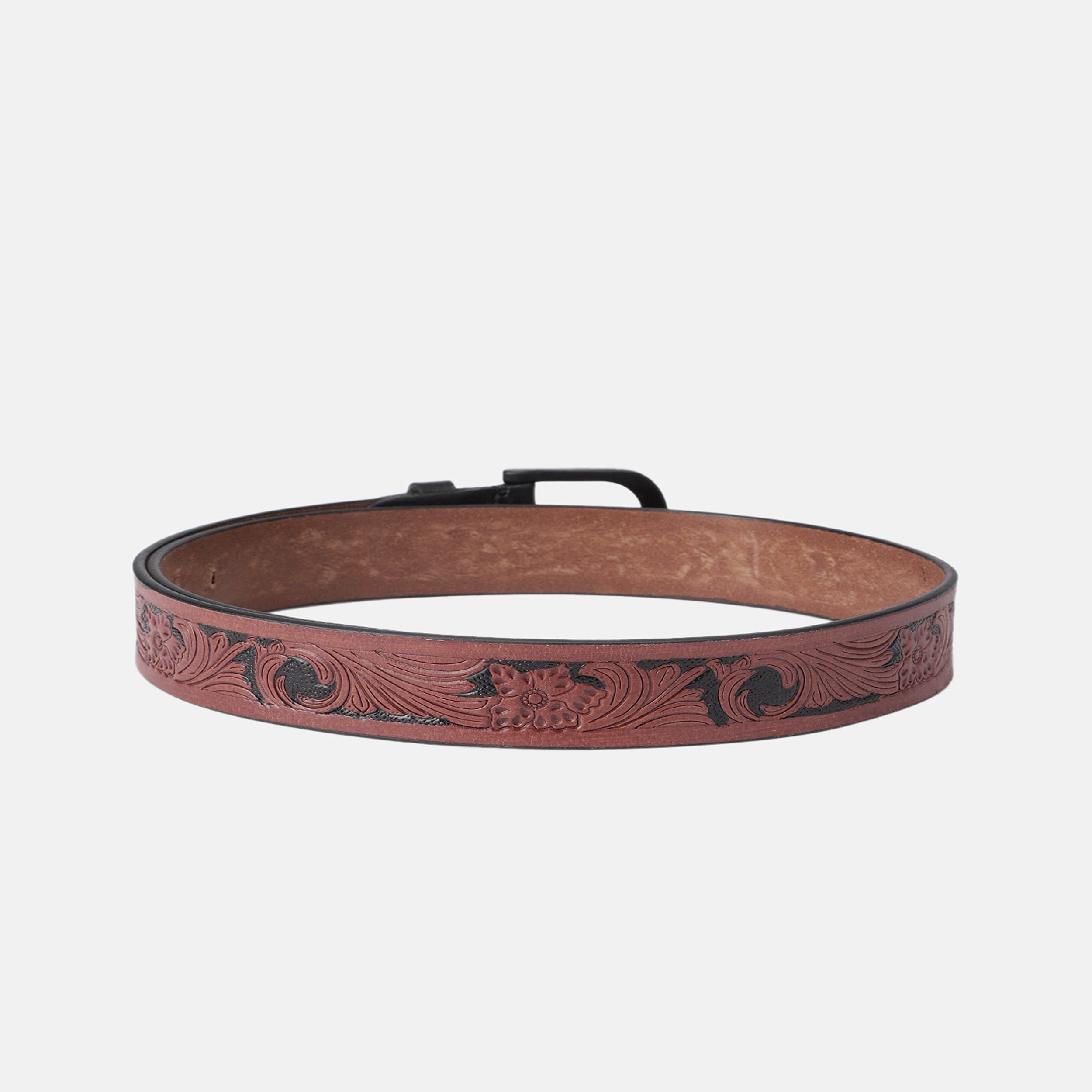Men Genuine Leather Embossed Floral Brown Waistwear Matte Black Buckle