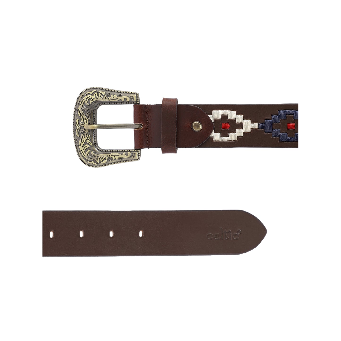 Unisex Handcrafted premium Leather Belt With Geometric Fabric Inlay And Antique Metal Buckle