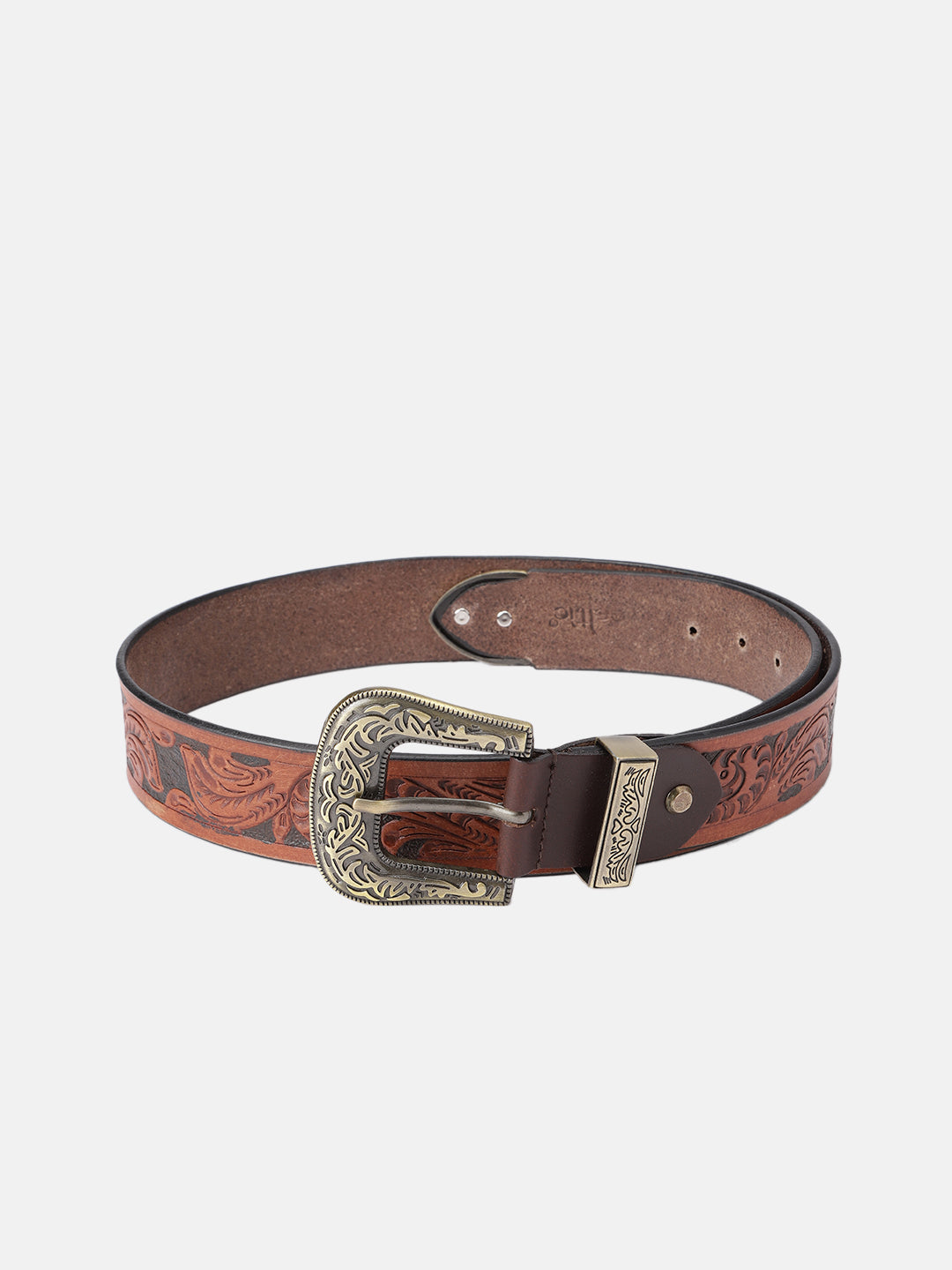 Men Genuine Leather Embossed Black Western Waist Accessory Ornate Buckle Tip