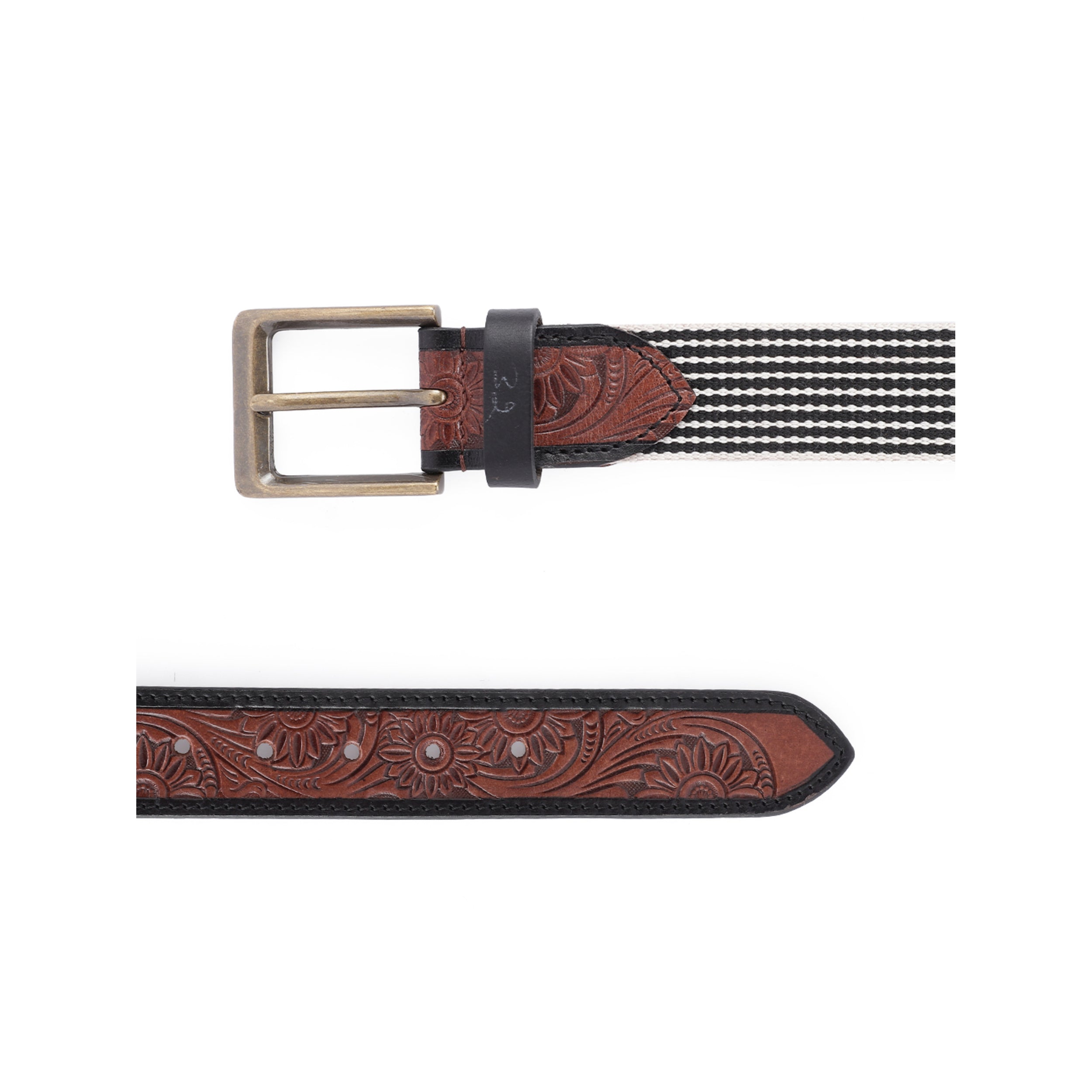 Genuine Leather Floral Embossed Brown Elastic Waist Accessory Antique Buckle