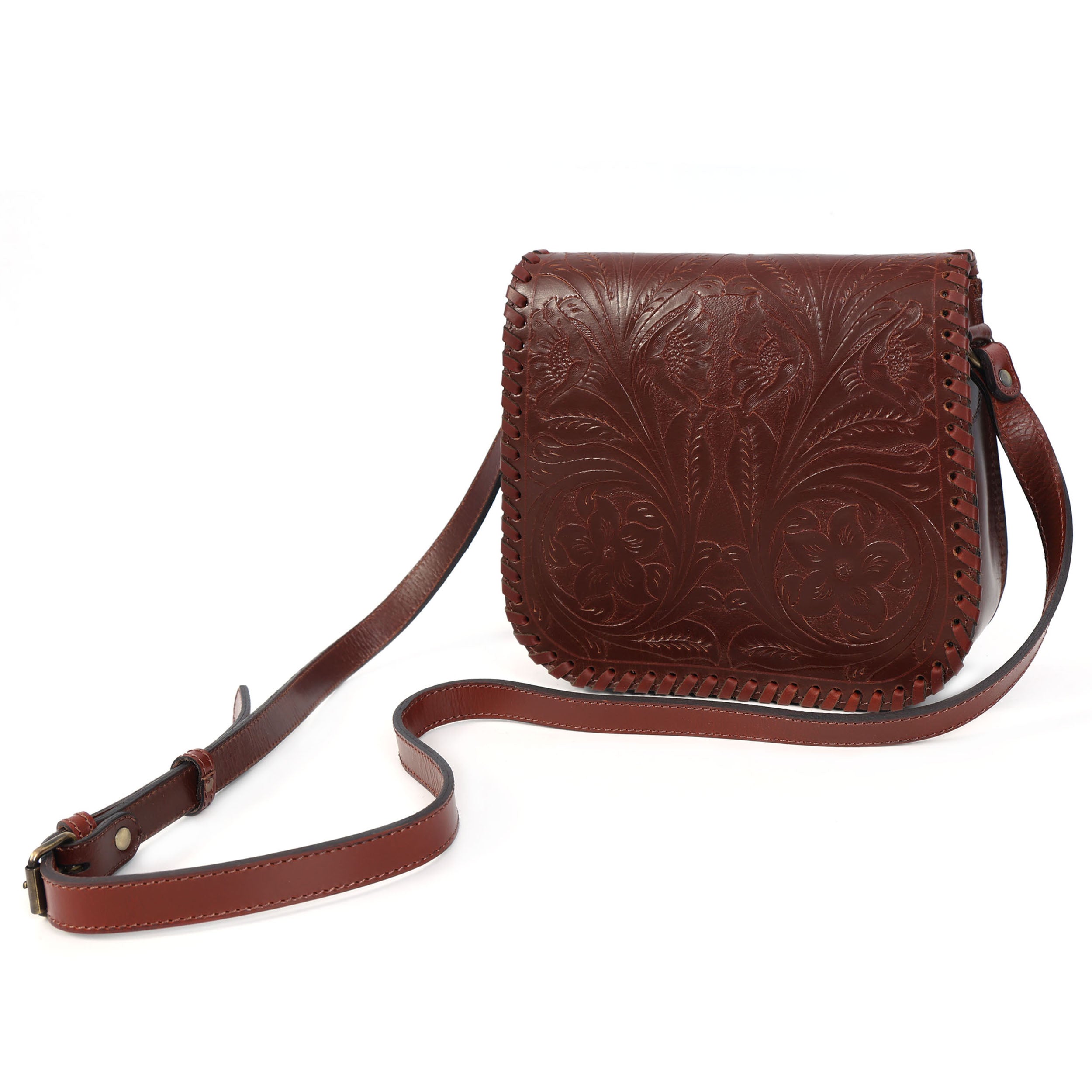 Handcrafted Black Embossed Leather Sling Bag with Magnetic Closure & Adjustable Strap