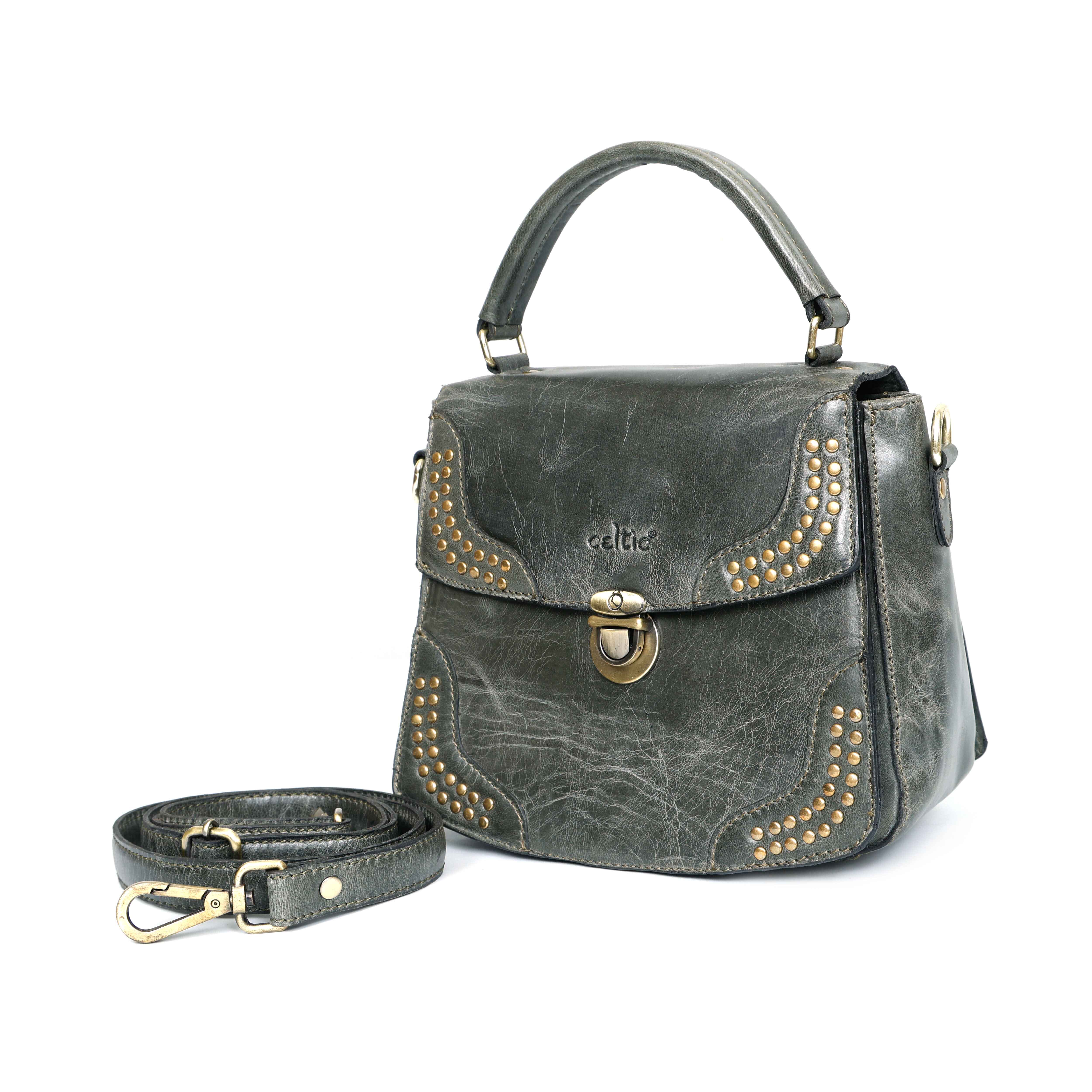 Premium Genuine Leather Handbag with Adjustable Strap & Stud Detailing