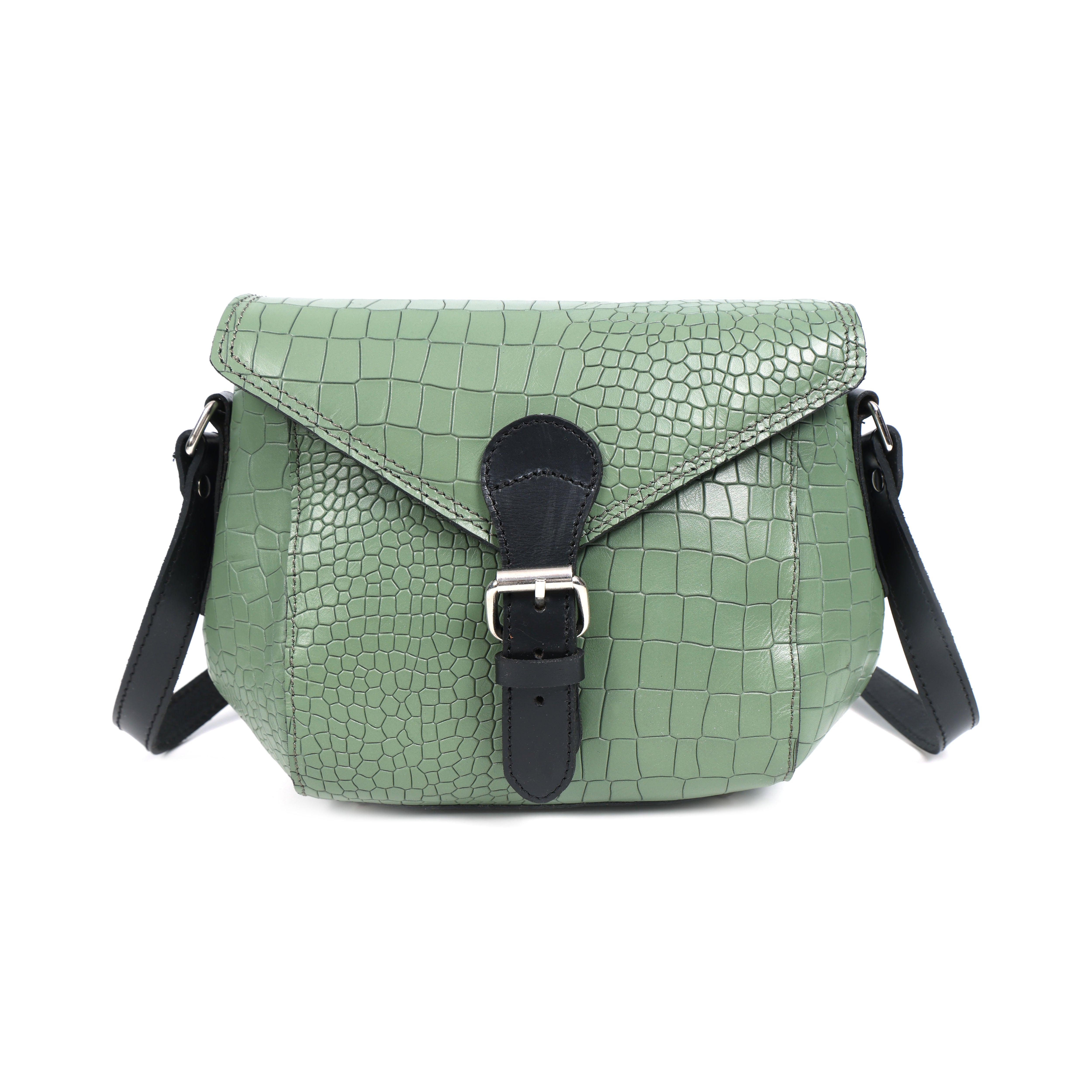 Croc-Texture Structured Crossbody Bag with Buckle Flap & Adjustable Strap
