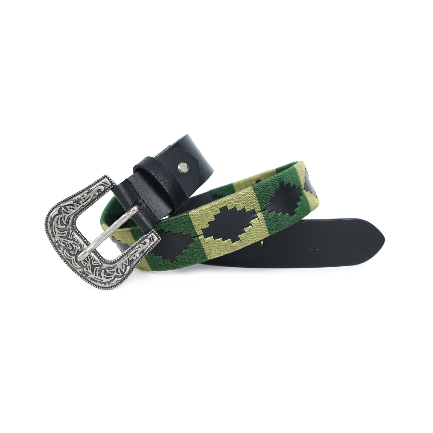 Designer Black Leather Polo Belt with Green Webbing & Premium Buckle Includes Matching Keyring. LB-867