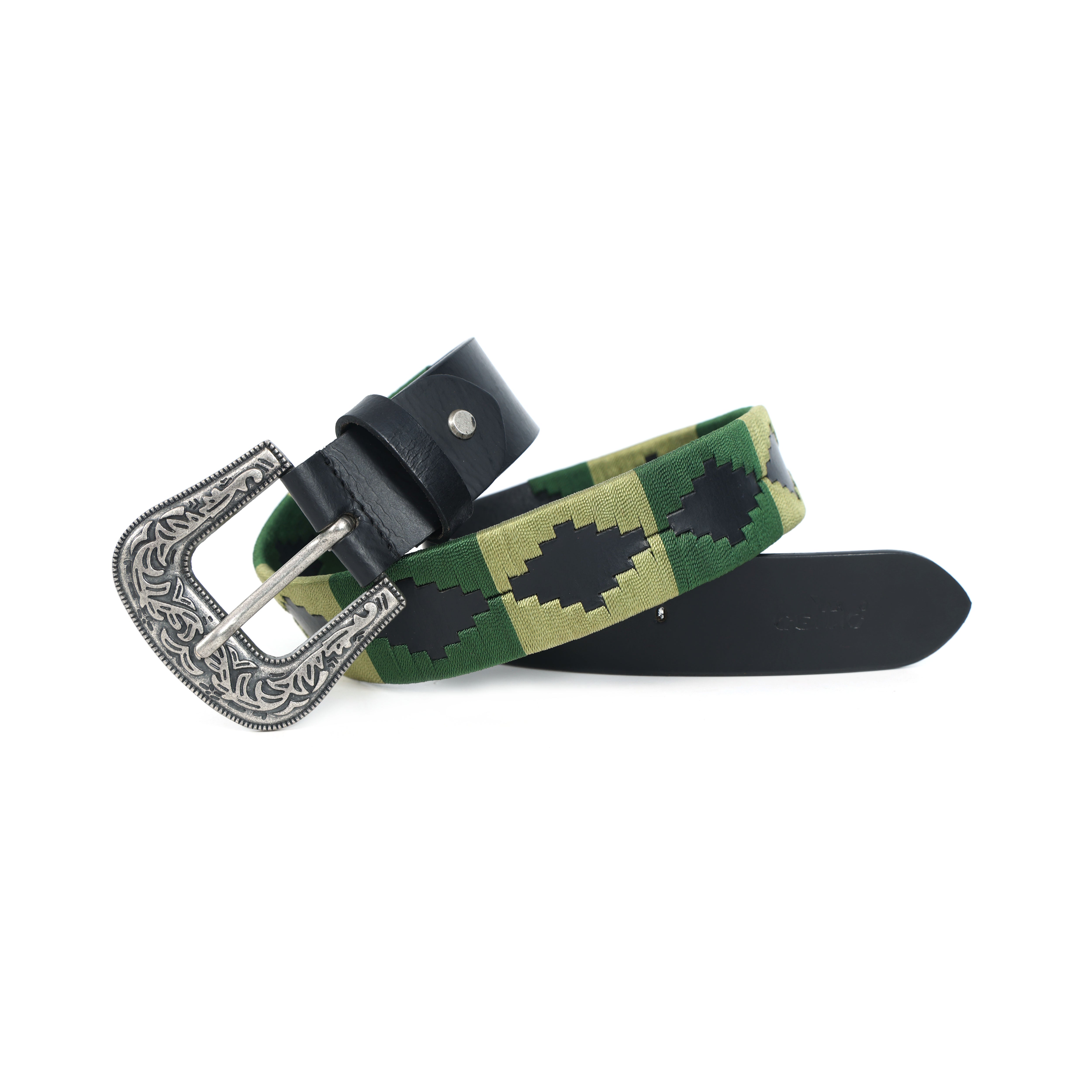 Designer Black Leather Polo Belt with Green Webbing & Premium Buckle Includes Matching Keyring. LB-867