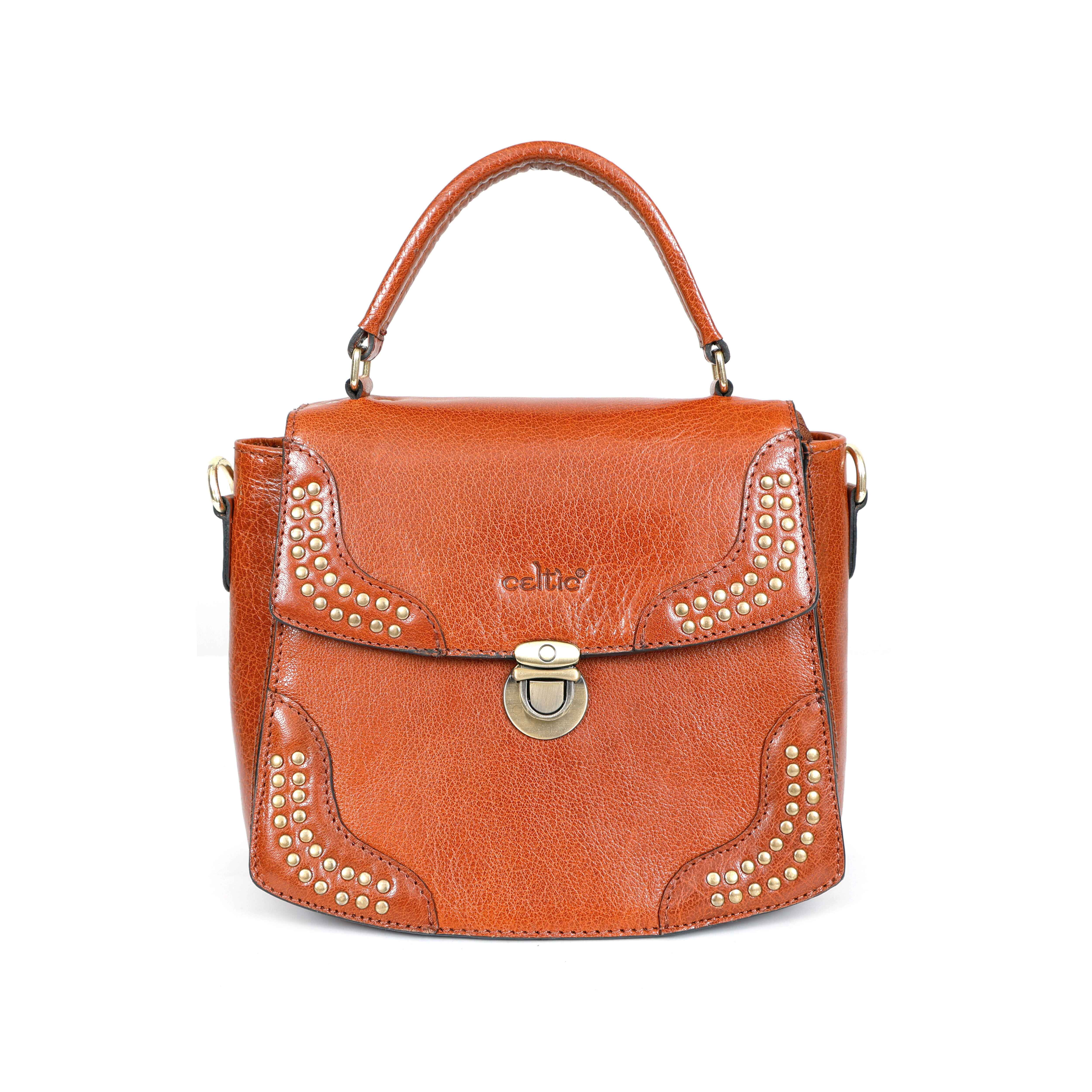 Premium Genuine Leather Handbag with Adjustable Strap & Stud Detailing