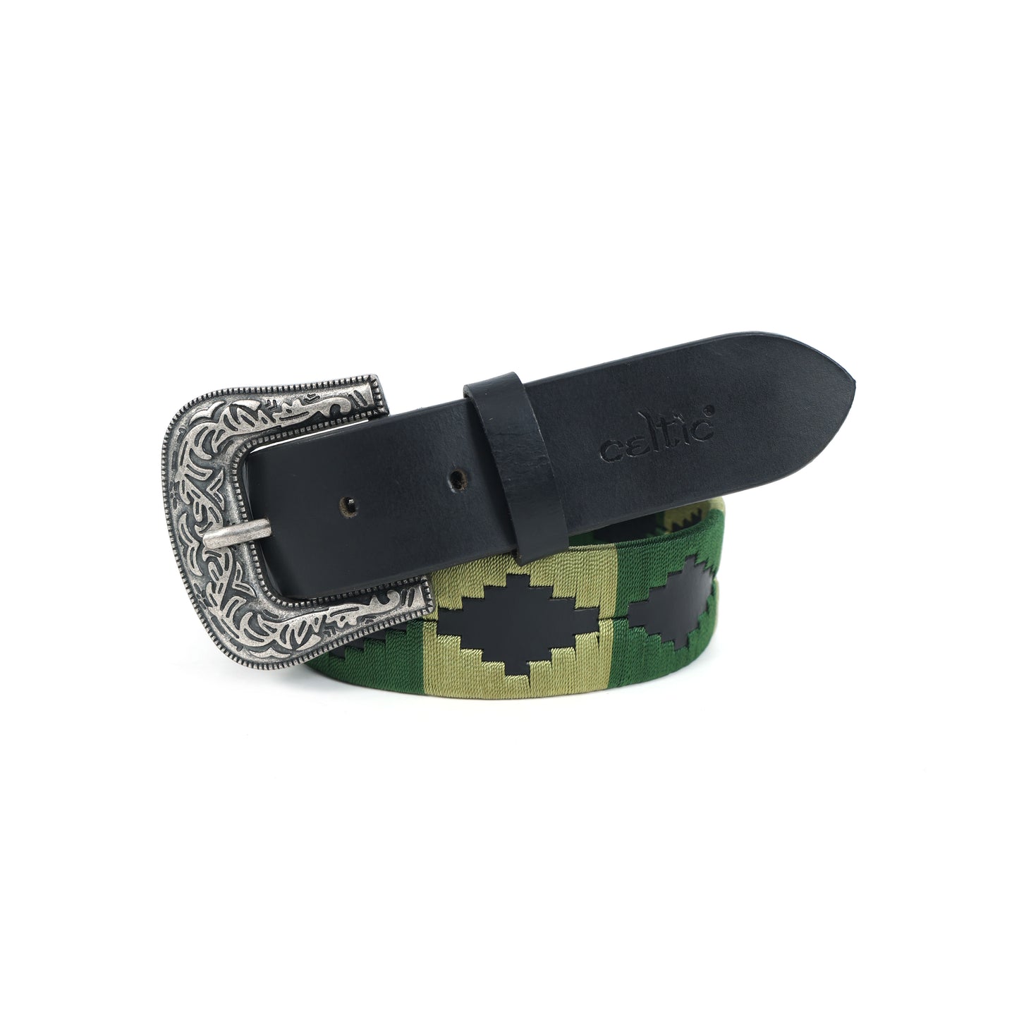 Designer Black Leather Polo Belt with Green Webbing & Premium Buckle Includes Matching Keyring. LB-867