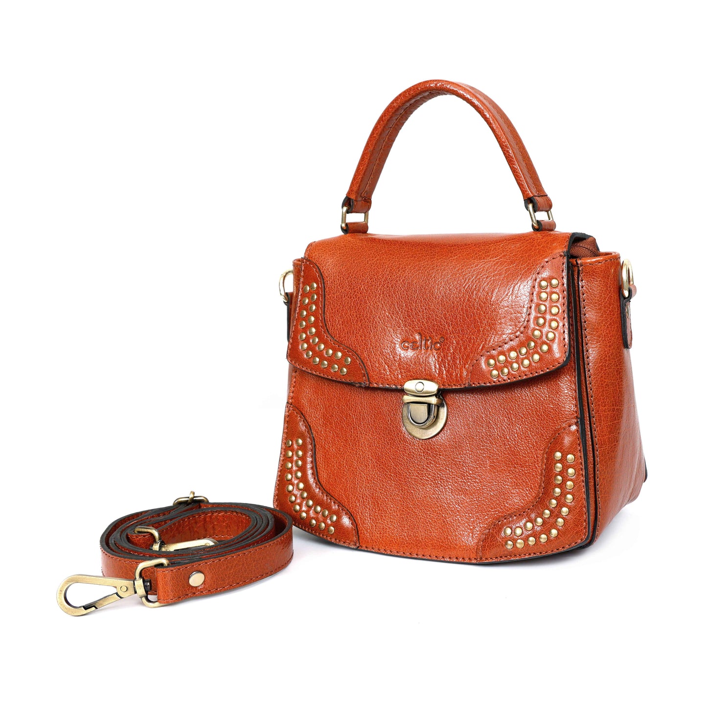 Premium Genuine Leather Handbag with Adjustable Strap & Stud Detailing