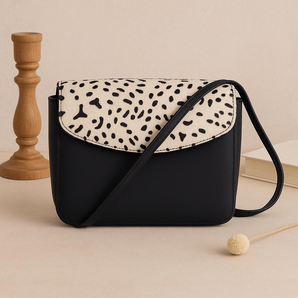 Elegance and Versatility Combined Black Leather Sling Bag with Printed Hair-On. Art: BG-1449