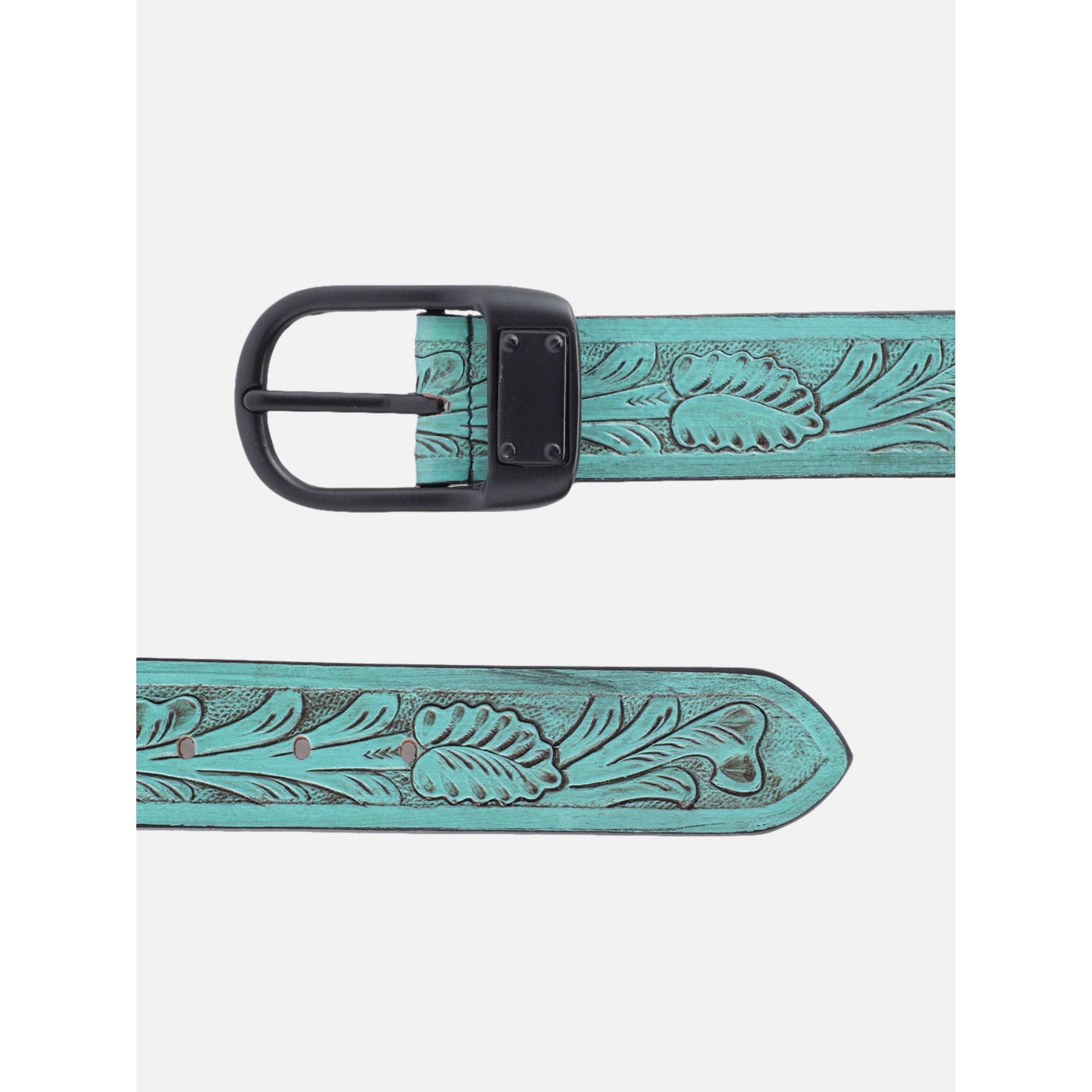Unisex Genuine Leather Embossed Turquoise Floral Western Waist Accessory Black Buckle