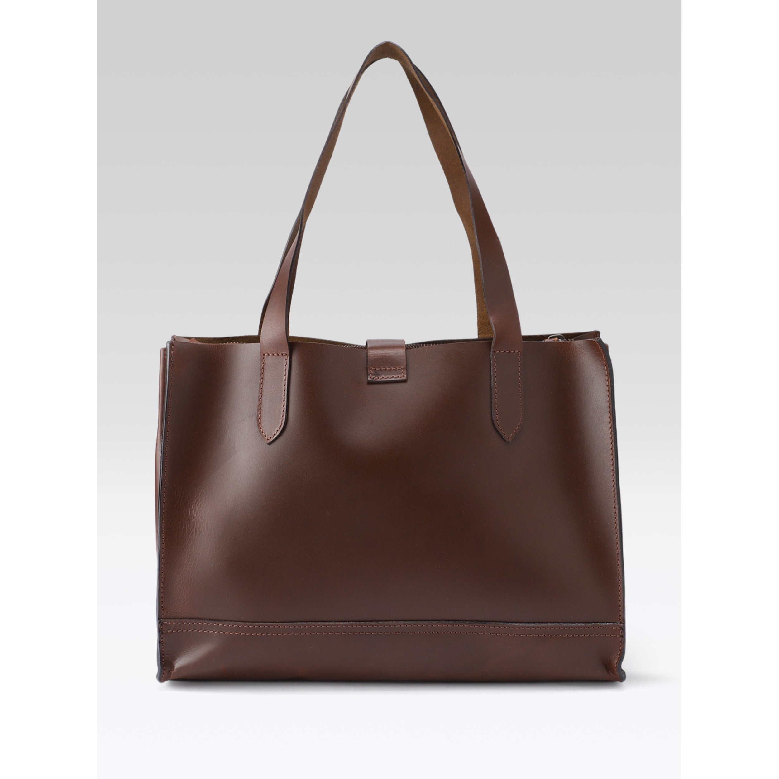 Premium Genuine Leather Structured Shopper Tote with Dual Compartments & Snap Closure