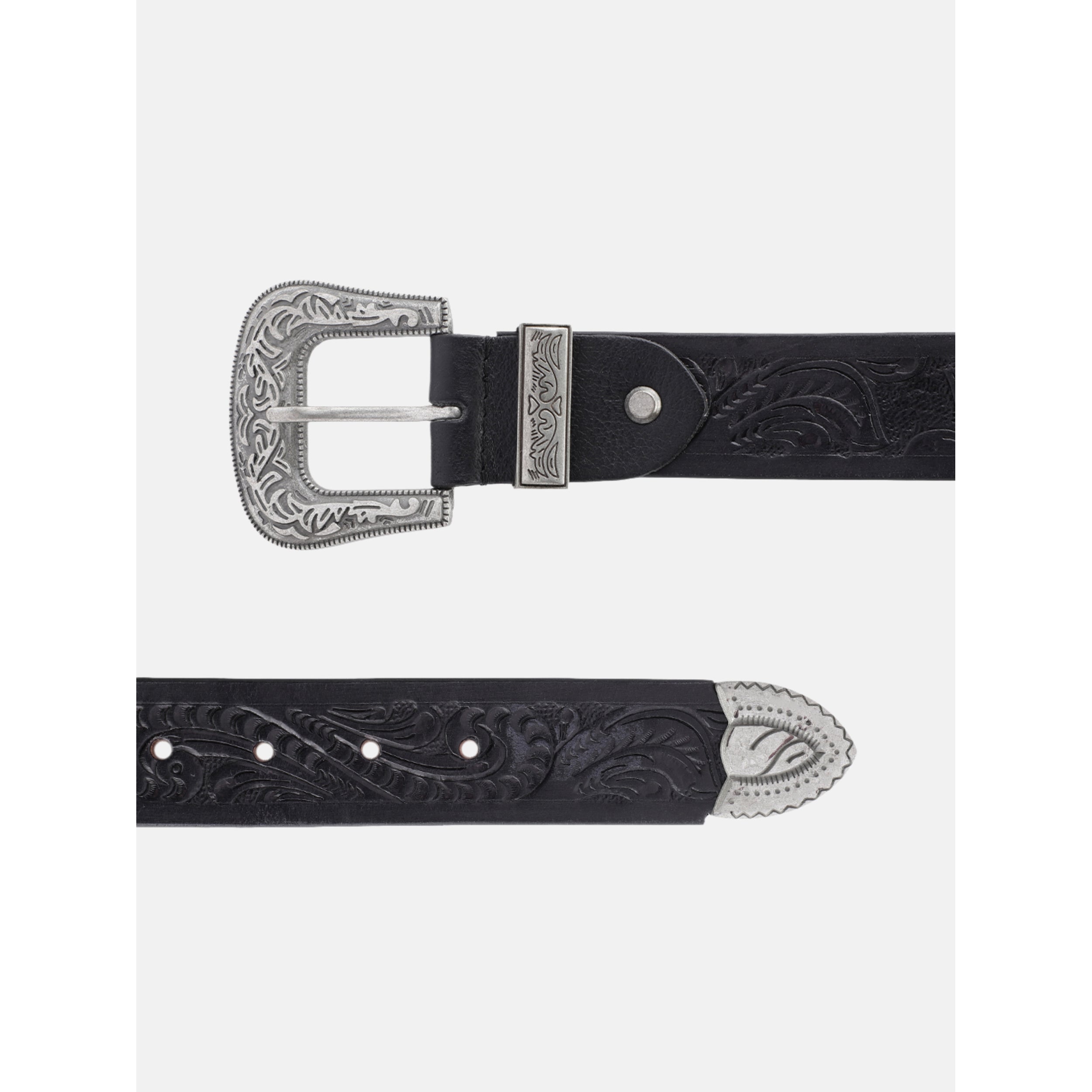 Men Genuine Leather Embossed Black Western Waist Accessory Ornate Buckle Tip