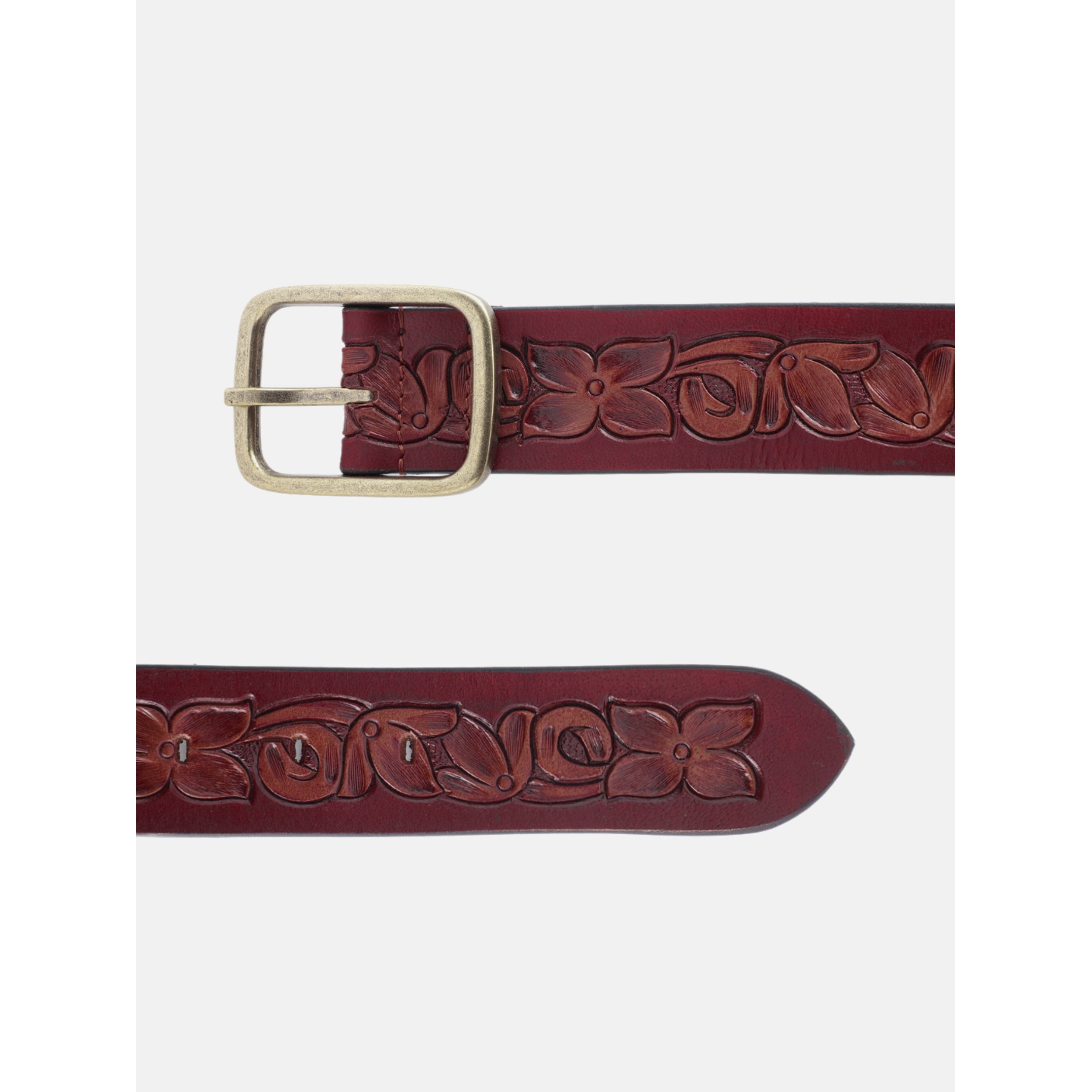 Unisex Handcrafted Floral Leather Belt Vintage Brass Buckle Artisan Carved Waistwear