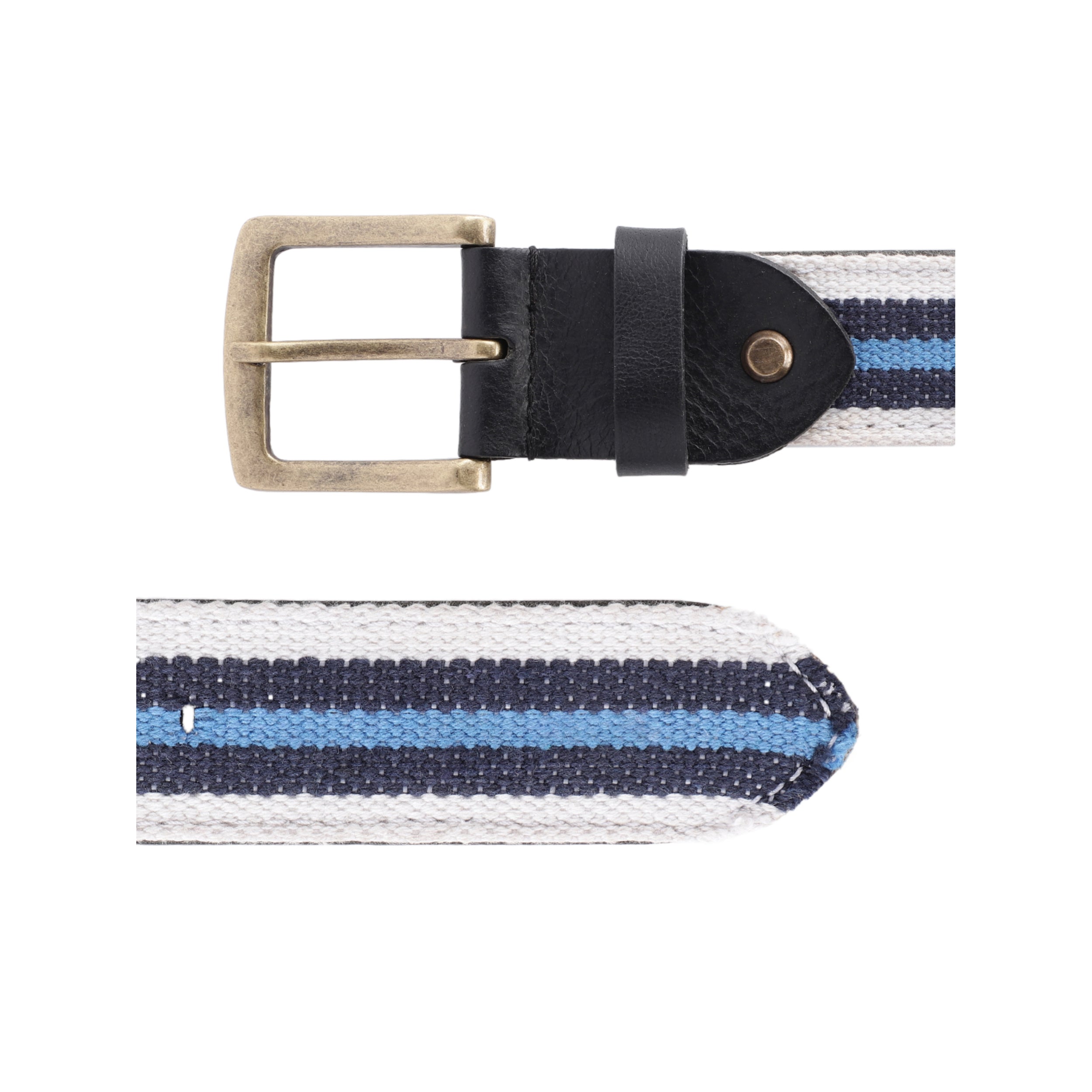 Unisex Genuine Leather Canvas Blue White Striped Waist Accessory Brass Buckle Casual