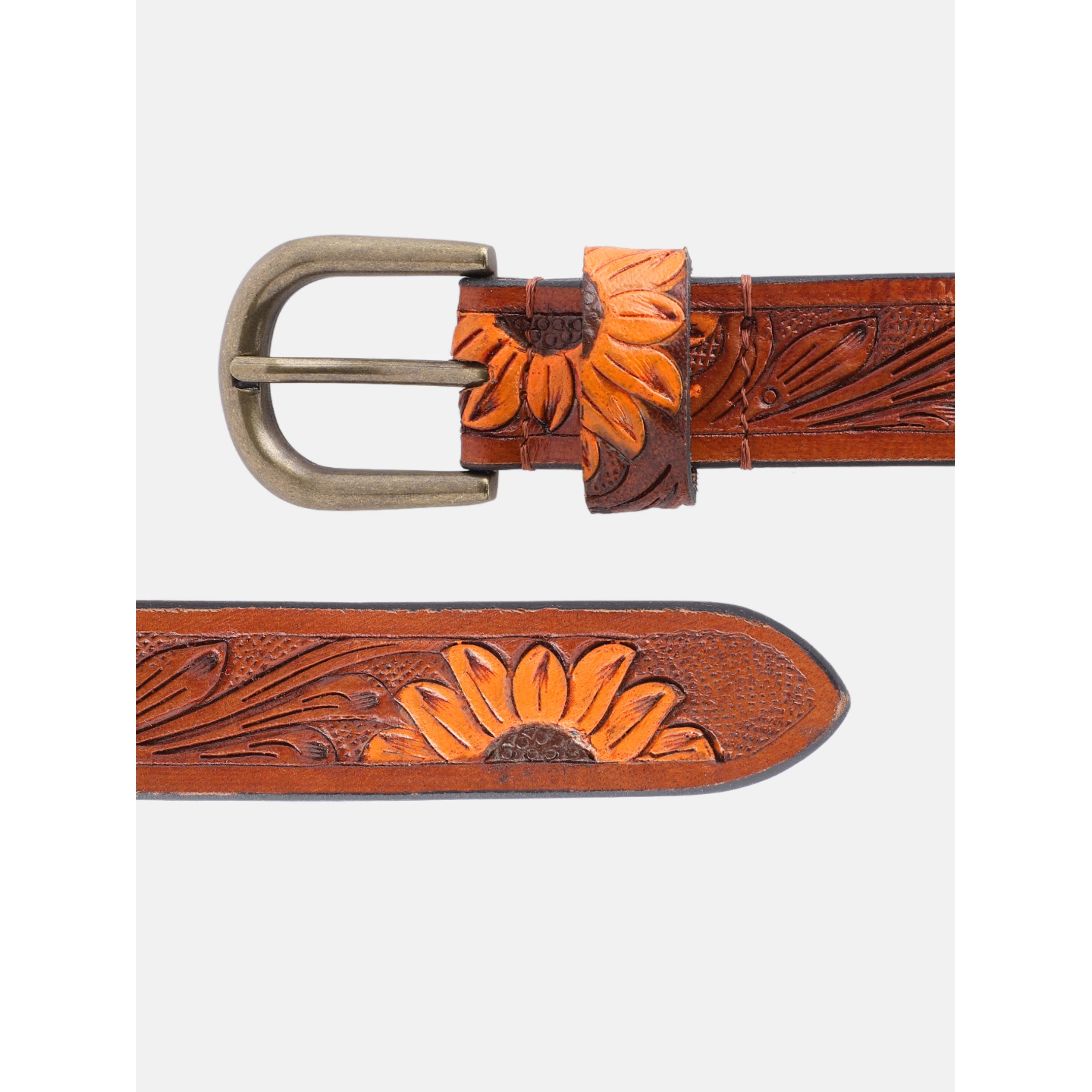 Genuine Leather Embossed Brown Orange Sunflower Western Waist Accessory Brass Buckle