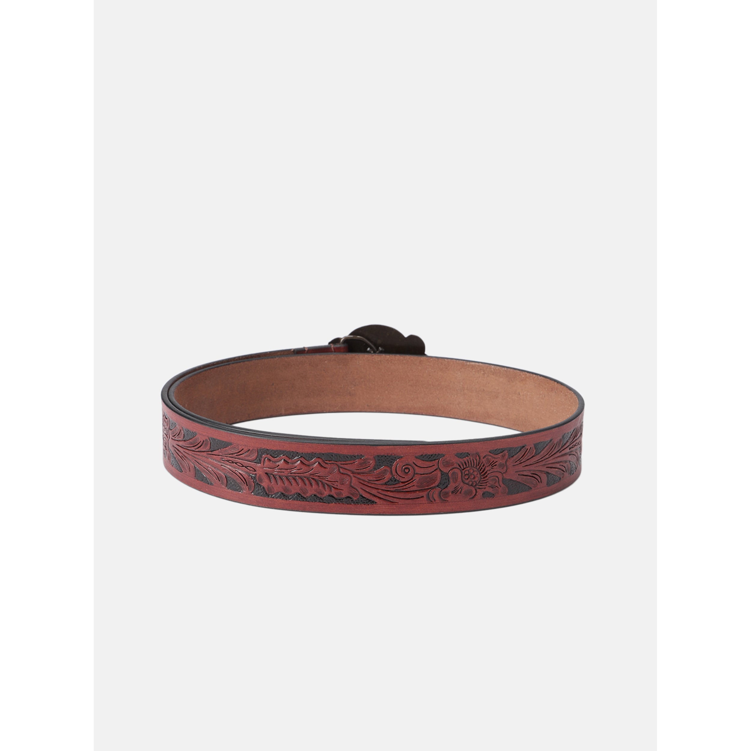 Men Genuine Leather Embossed Floral Brown Western Waist Accessory Antique Buckle
