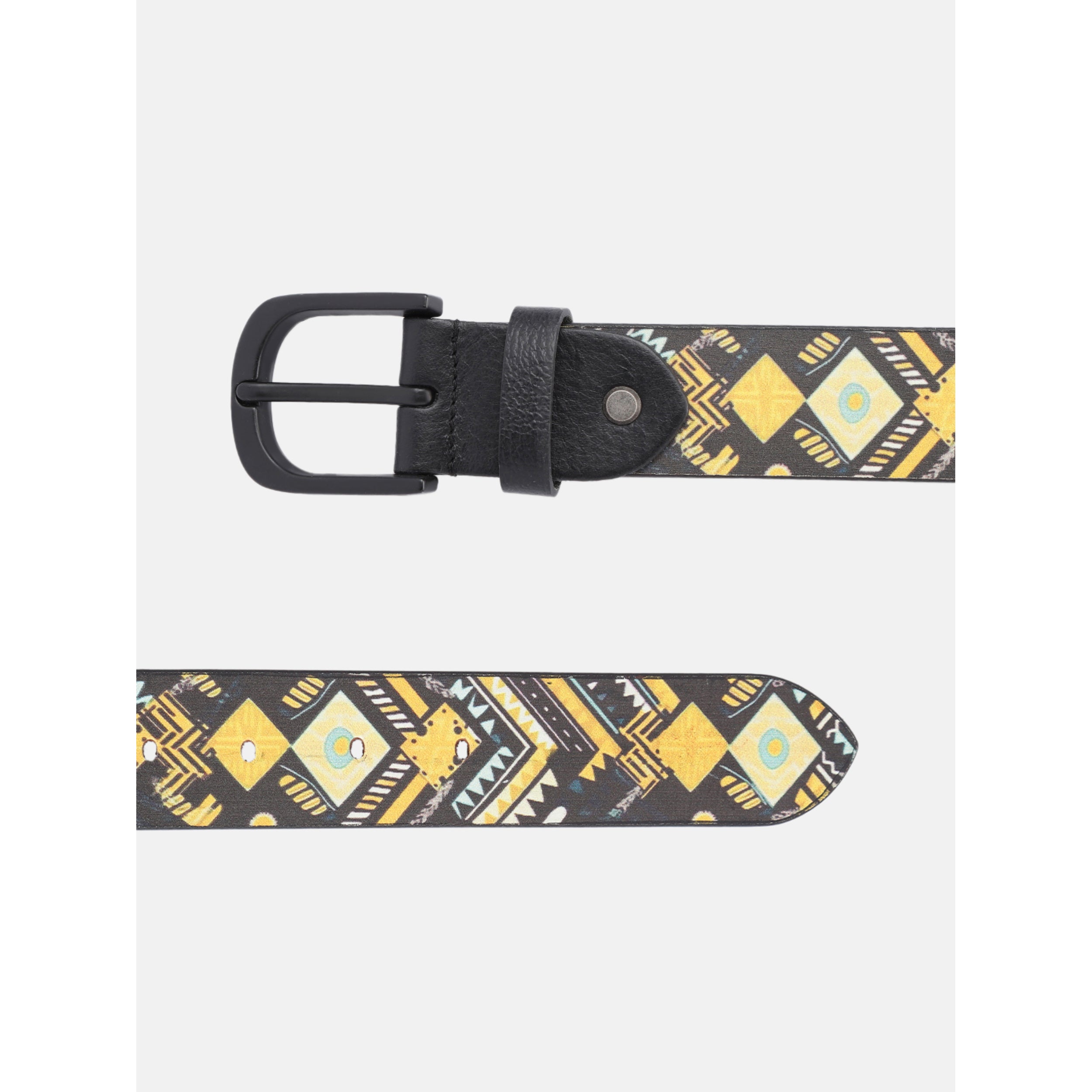 Unisex Genuine Leather Tribal Geometric Yellow Black Waist Accessory Matte Buckle