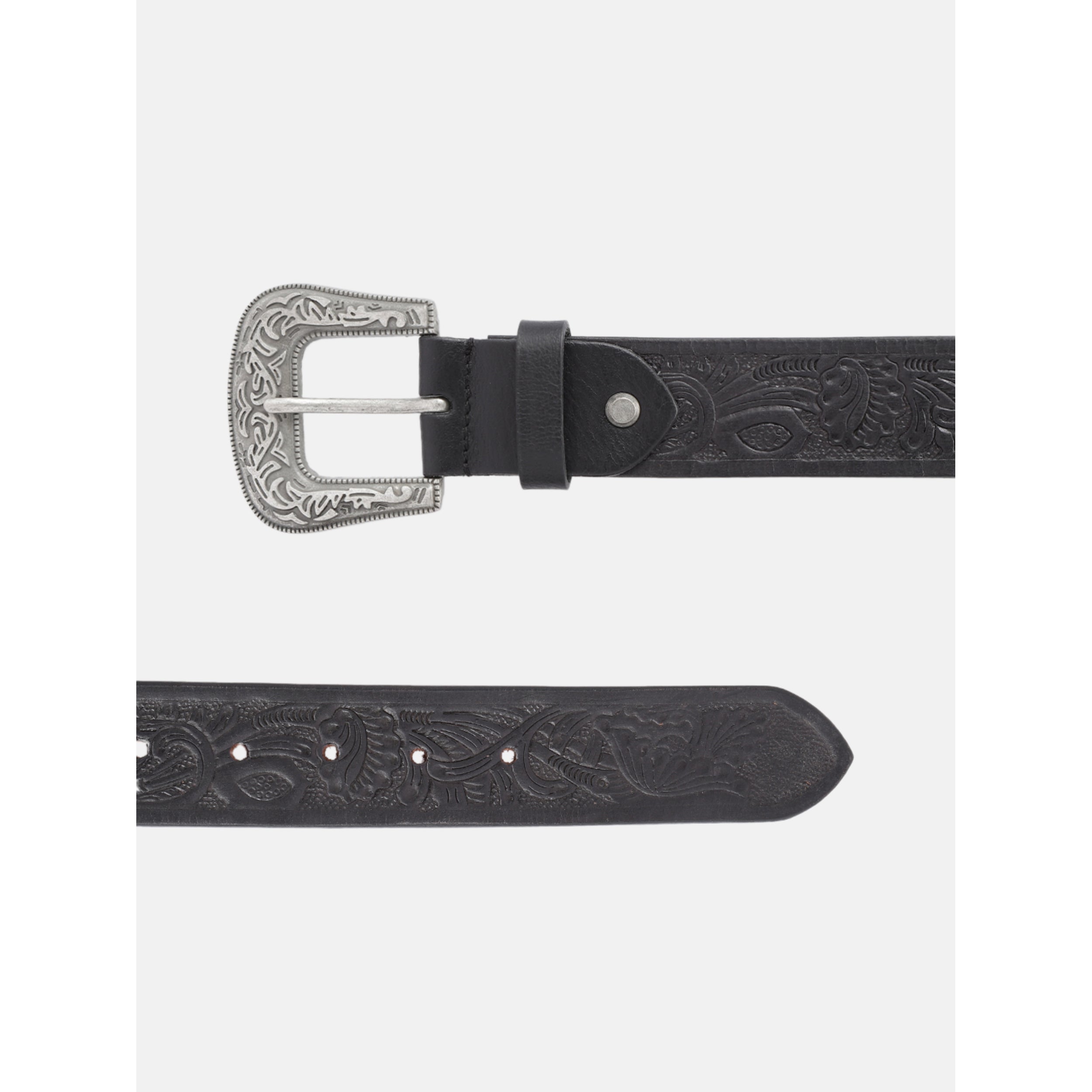 Unisex Genuine Leather Embossed Black Western Waist Accessory Silver Buckle