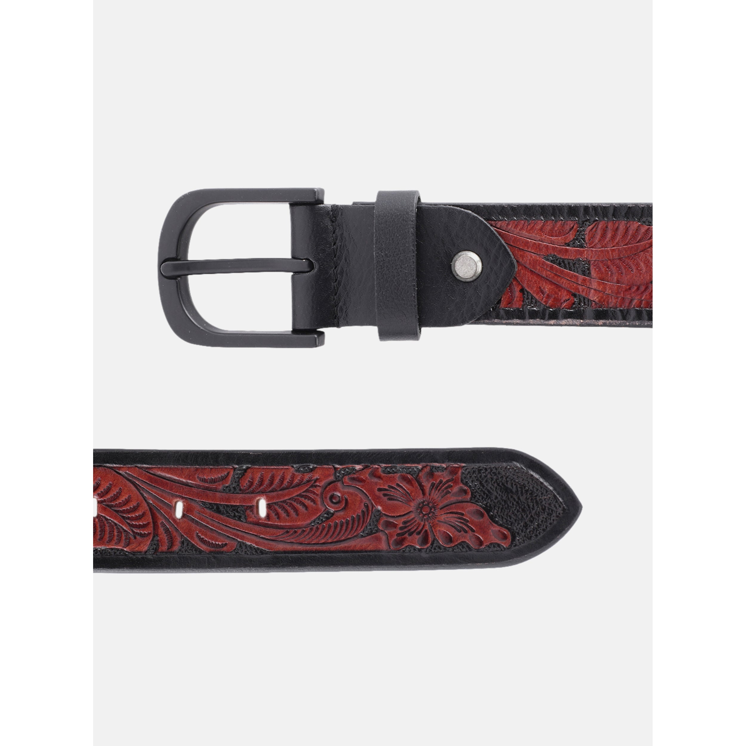 Unisex Handcrafted Floral Embossed Leather Belt With Matte Black Buckle For Casual Wear