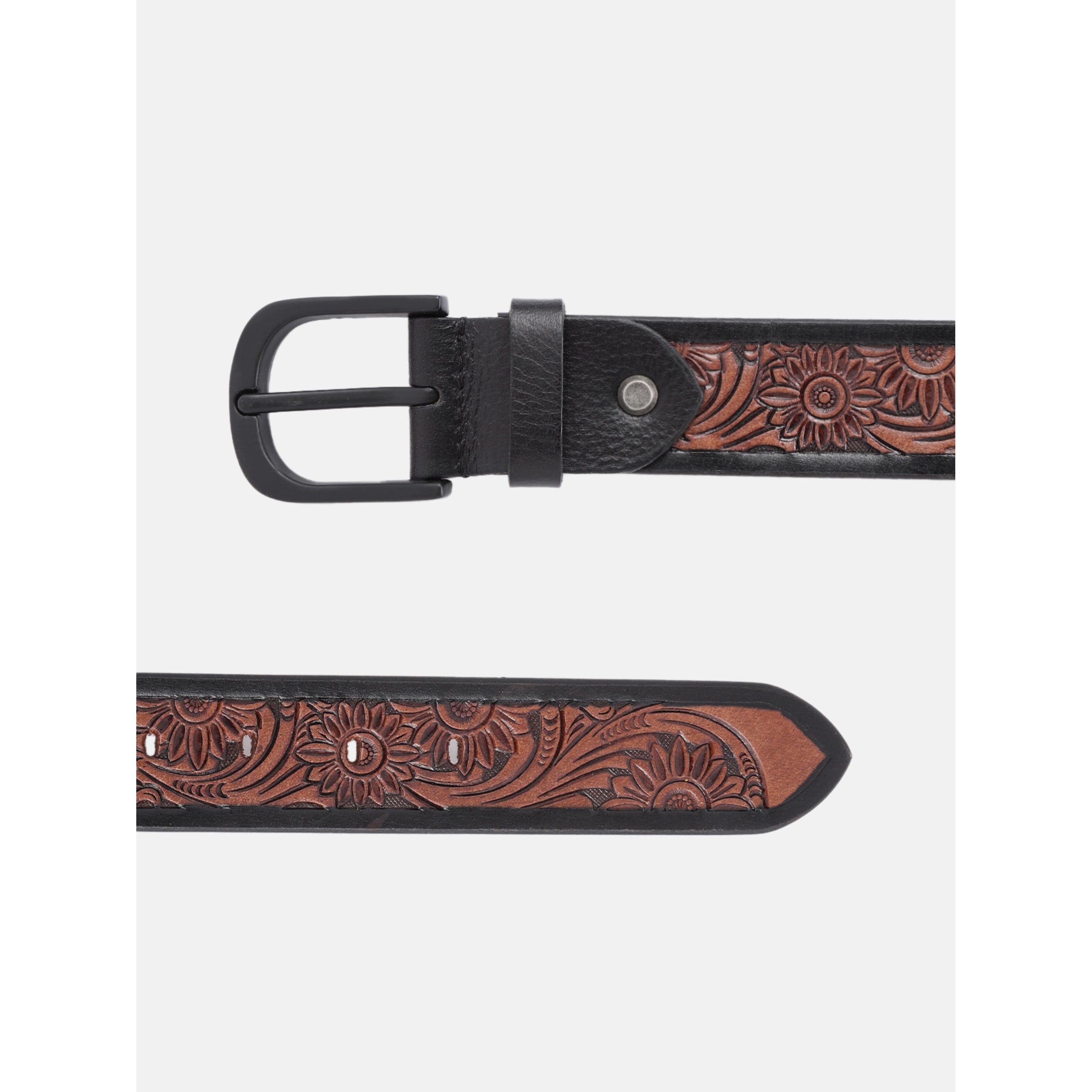 Unisex Genuine Leather Floral Embossed Brown Waist Accessory Matte Black Buckle