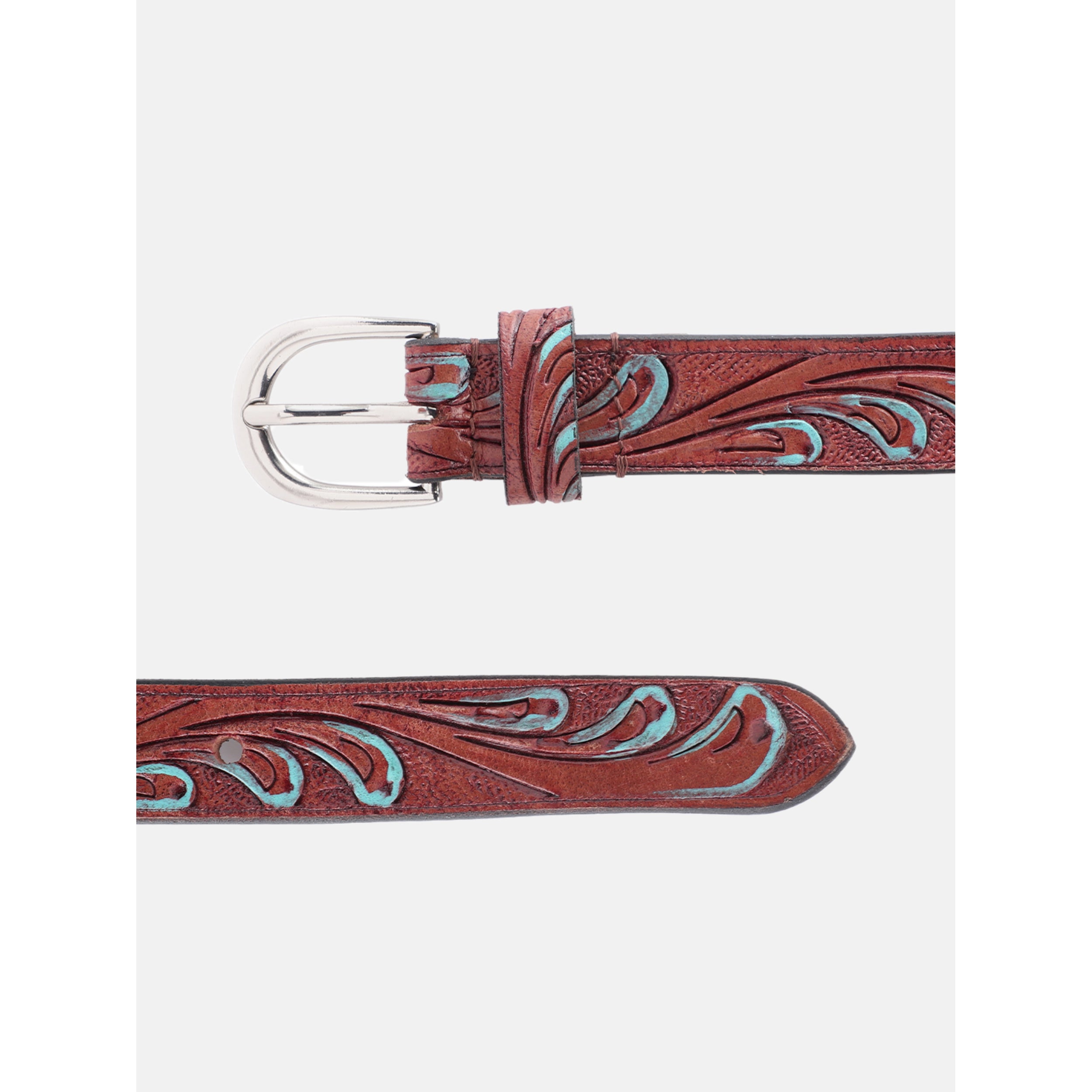 Premium Handcrafted Brown Tooled Leather Waistbelt Turquoise Inlay Vintage Buckle