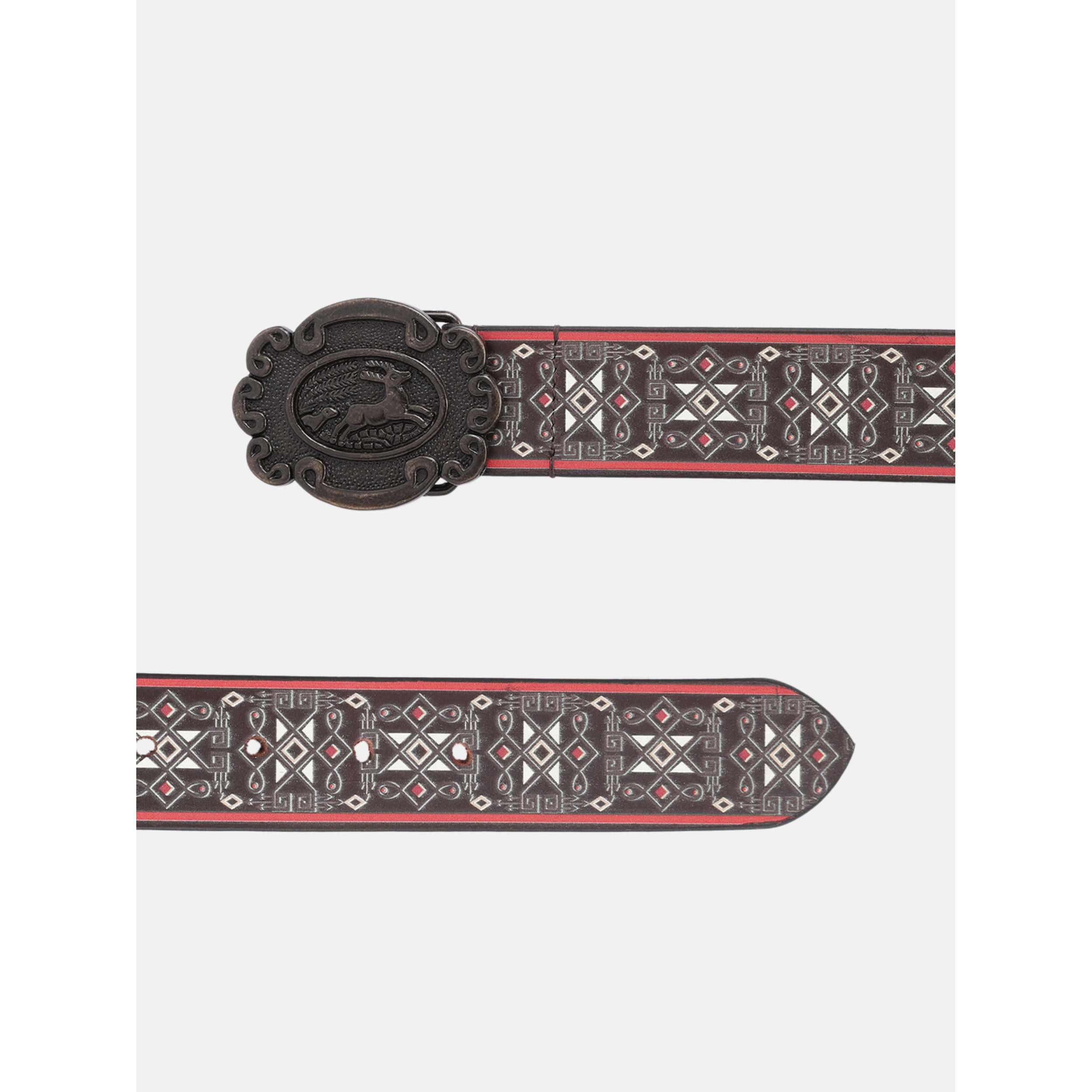Unisex Genuine Leather Geometric Tribal Black Red Waist Belt Antique Buckle